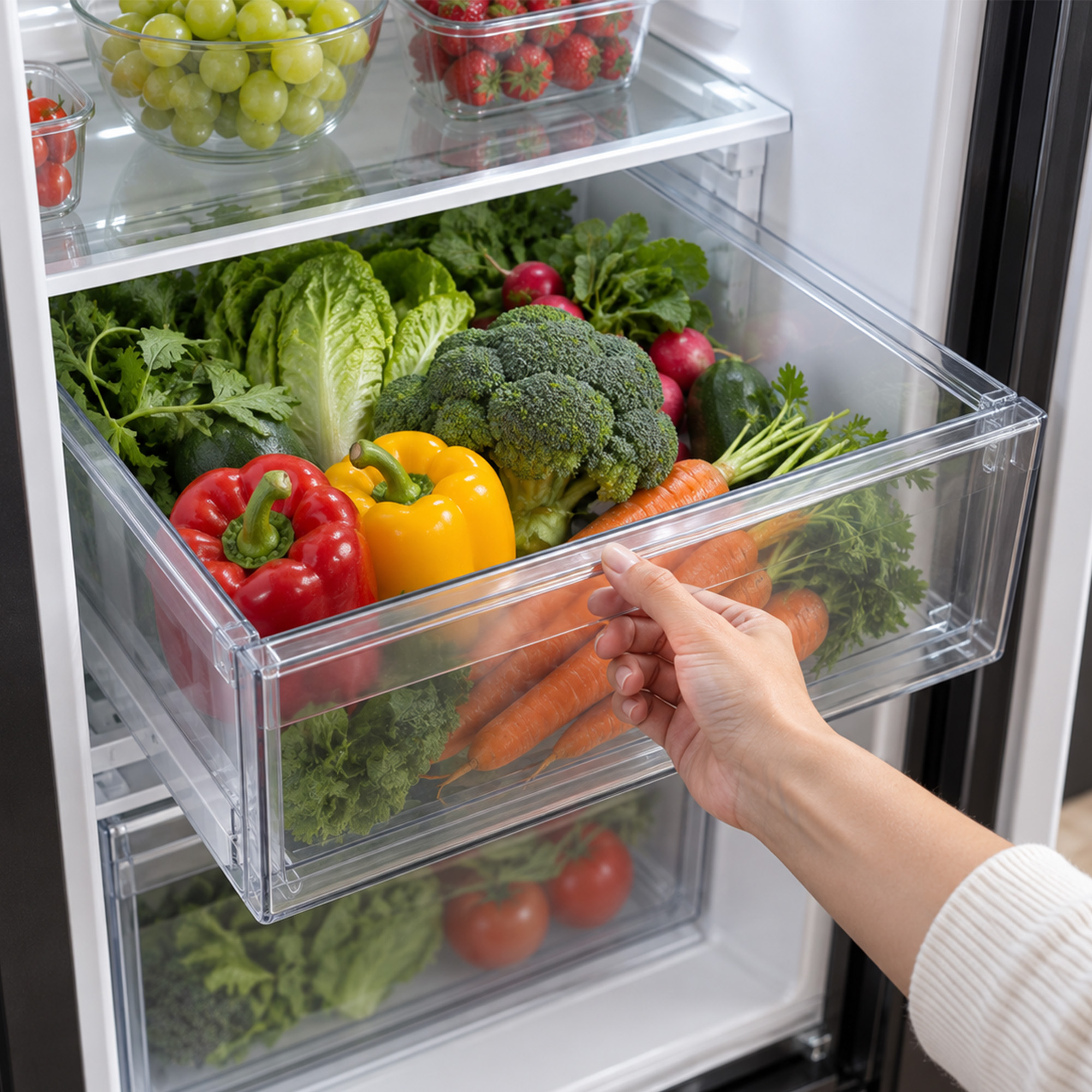 Hand opening a refrigerator crisper drawer filled with fresh vegetables including peppers, broccoli, carrots, and lettuce.