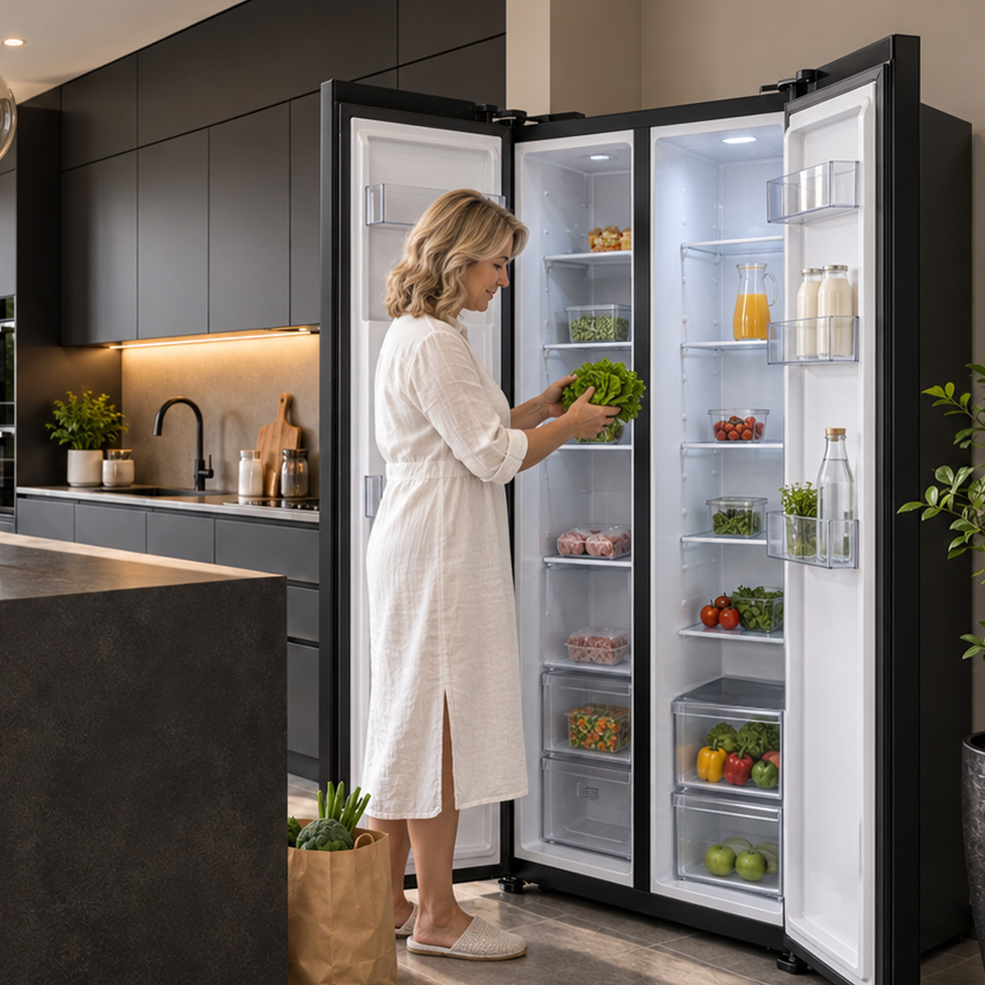 A woman in a white dress takes lettuce from a large open refrigerator in a modern kitchen.