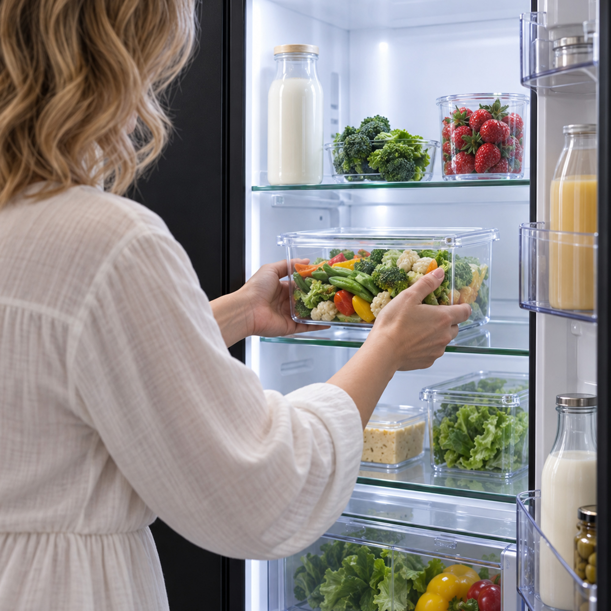 A woman in white clothing opens a packed refrigerator with fresh vegetables and fruits on the shelves.