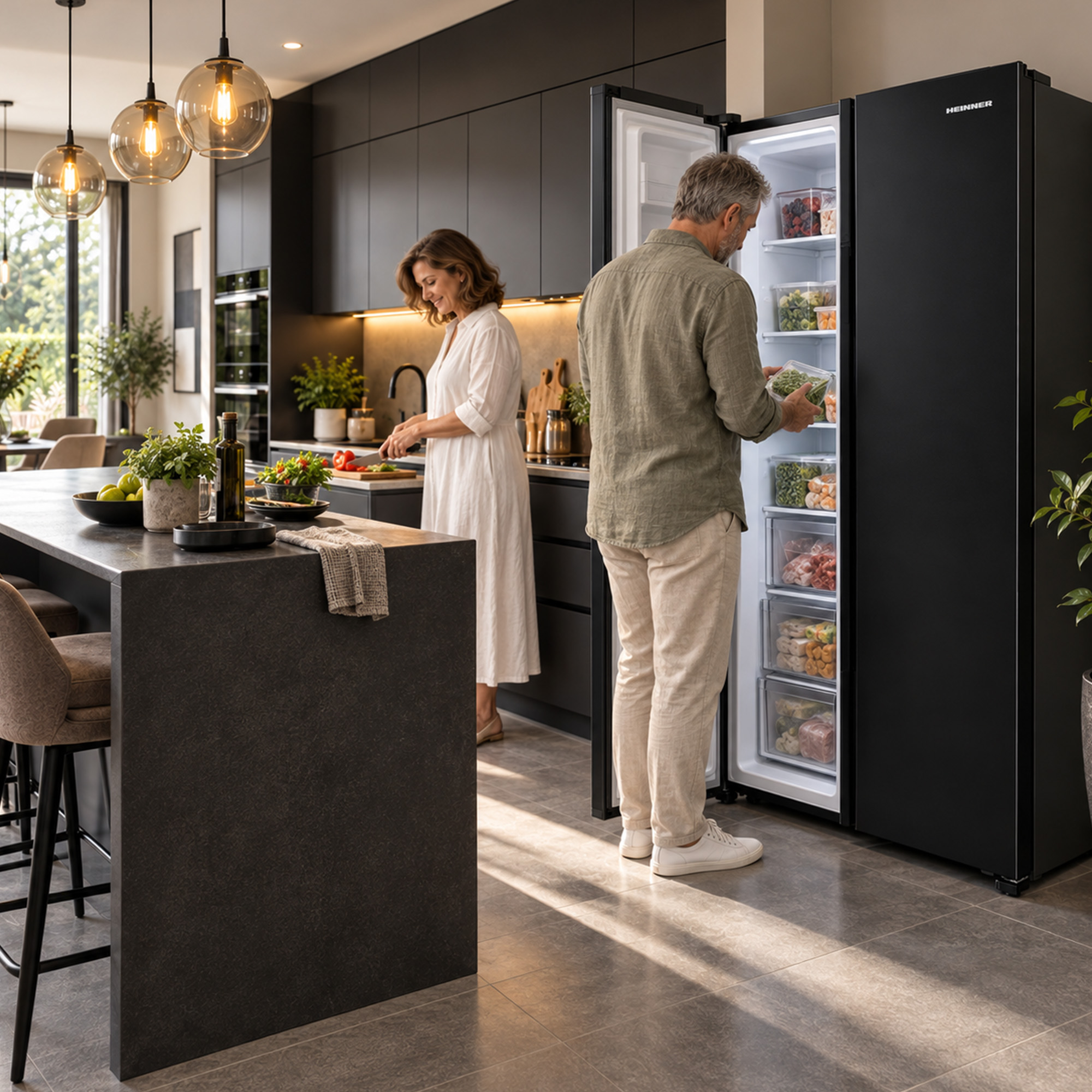 A man takes food from a black refrigerator while a woman chops vegetables in a modern kitchen.