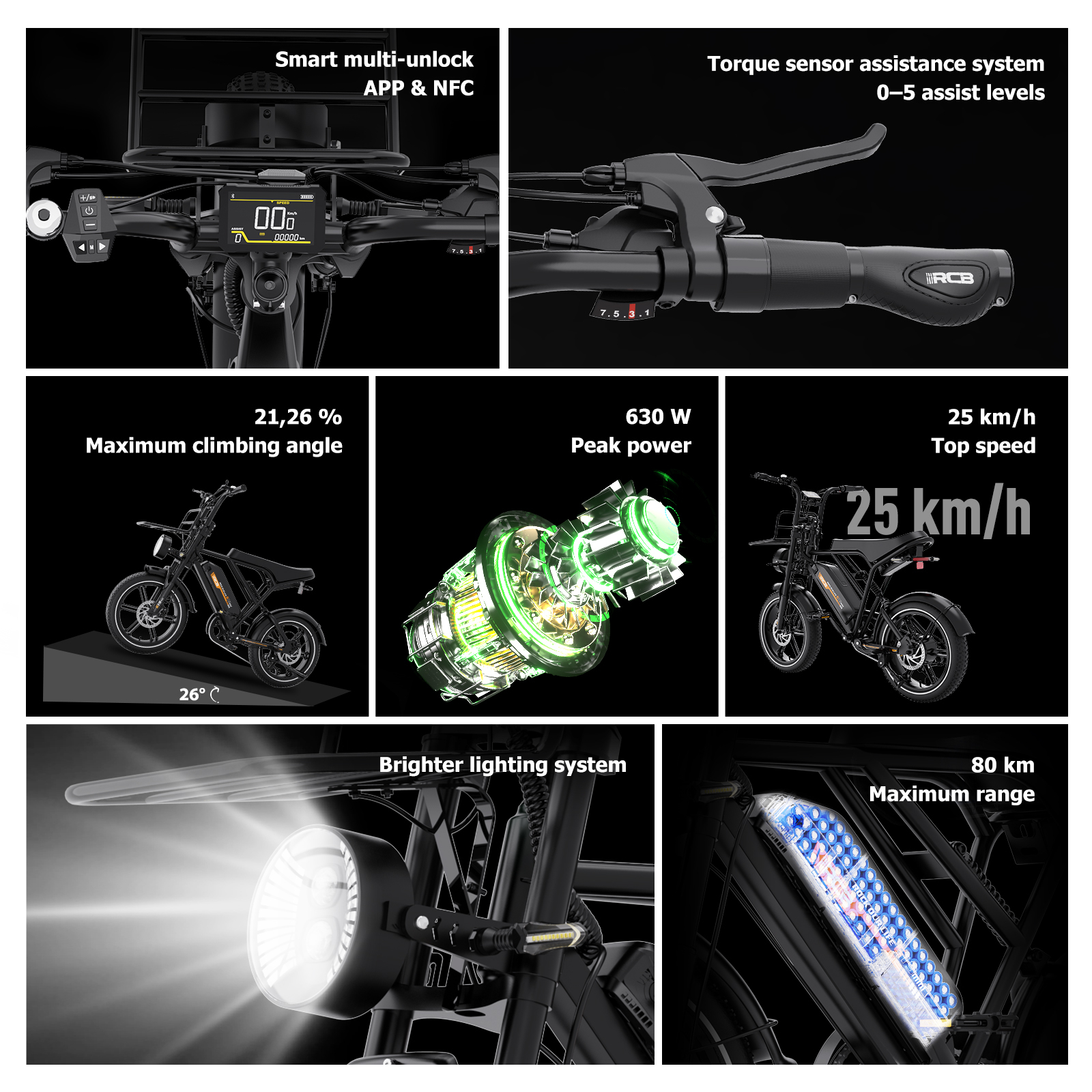 Caratteristiche di una e-bike: display, sensore di coppia, motore, velocità massima, illuminazione e autonomia.