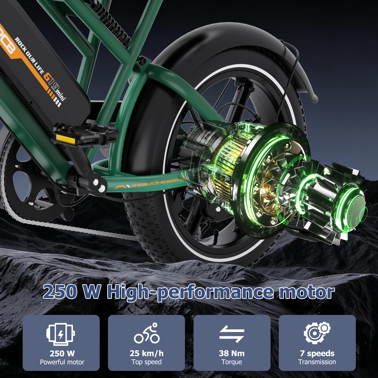Ruota posteriore di una e-bike verde con motore luminoso, su rocce e quattro icone.