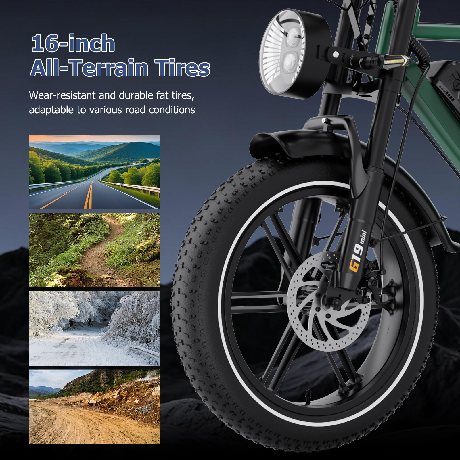 Ruota anteriore e pneumatico di e-bike con piccole foto inset che mostrano diverse condizioni stradali.