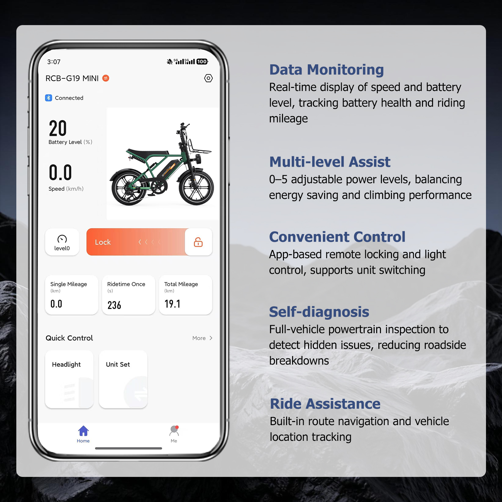 Smartphone con interfaccia app e-bike mostra batteria, velocità e controlli, insieme a descrizioni.