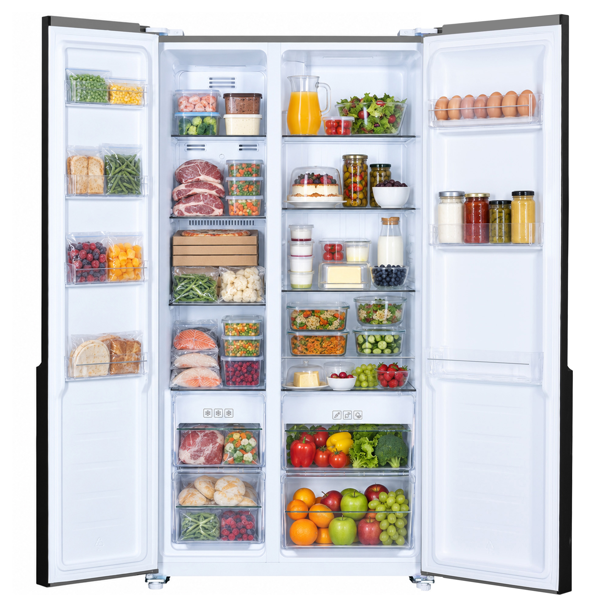 An open side-by-side refrigerator filled with organized fresh produce, meats, containers, and drinks on shelves.