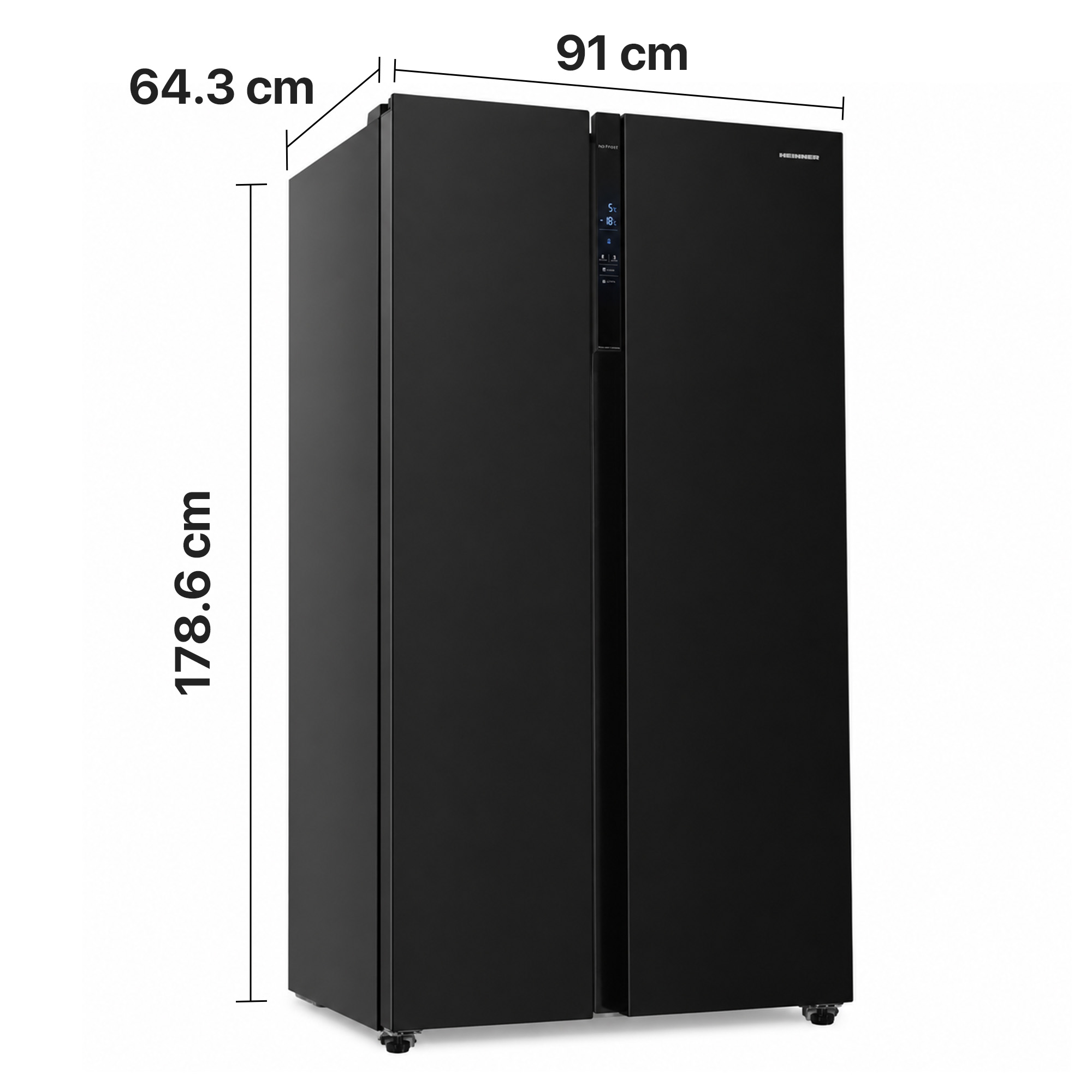 Black side-by-side refrigerator showing dimensions: 178.6 cm height, 91 cm width, 64.3 cm depth.