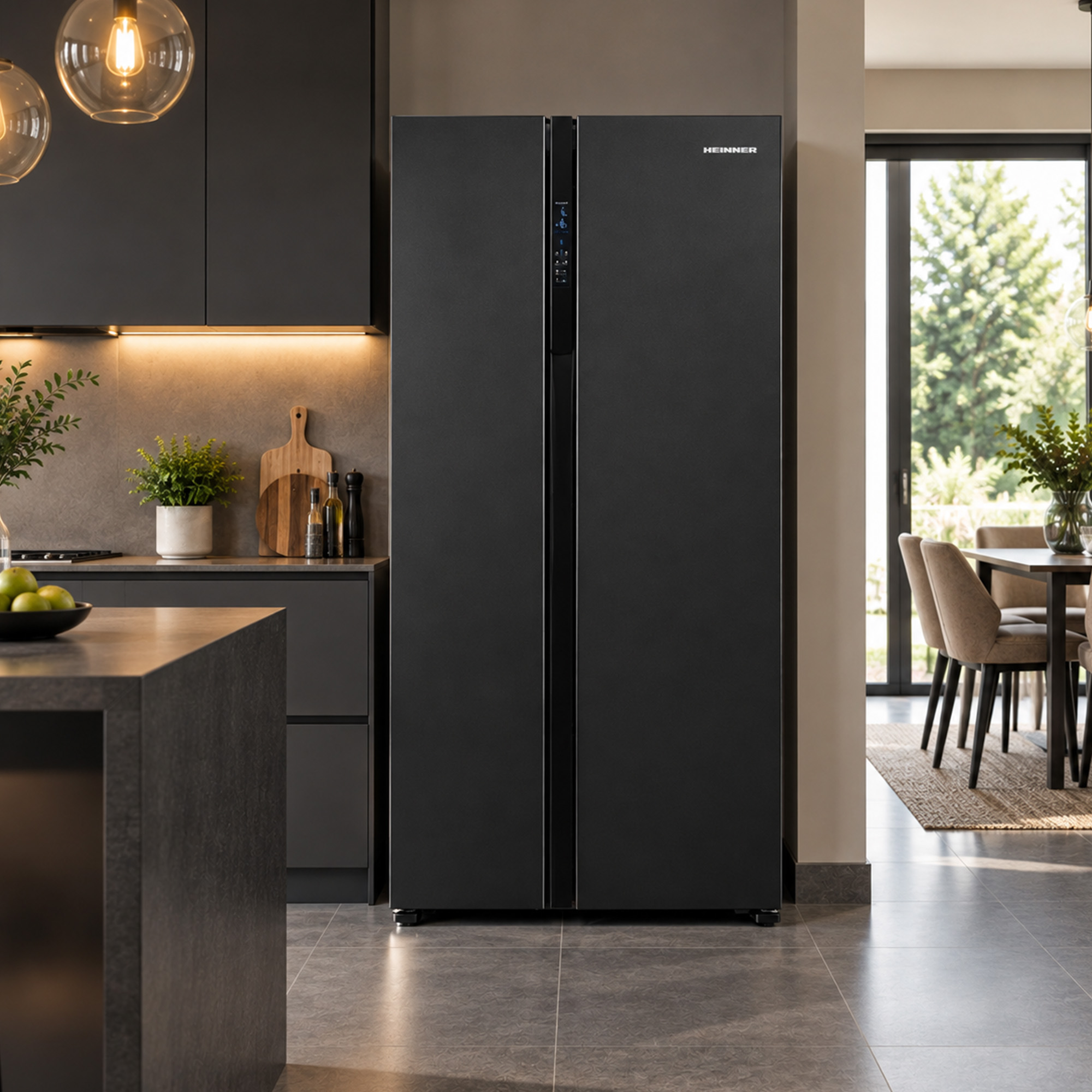 Modern black Heinner side-by-side refrigerator in a stylish kitchen with dark cabinets and a dining area.
