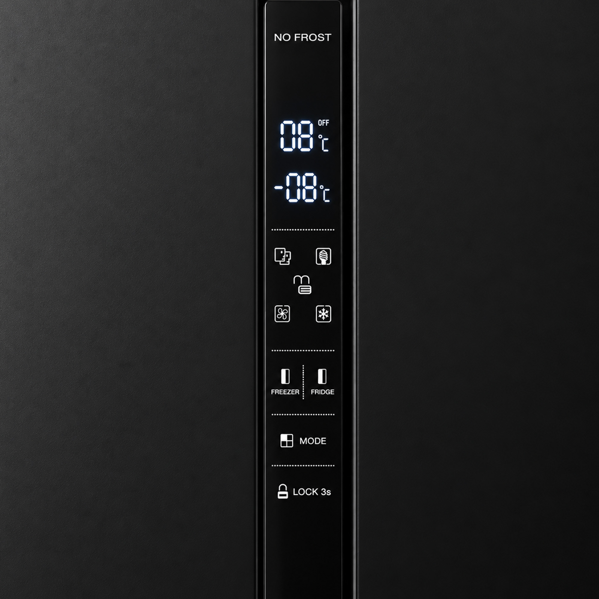 A black refrigerator control panel displays digital temperature settings and touch icons for modes and settings.