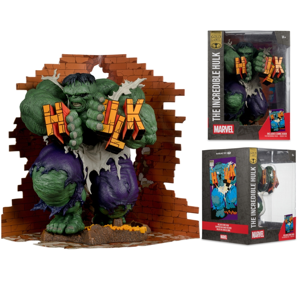 Un'action figure di Hulk che sfonda un muro di mattoni, mostrata con la sua scatola.
