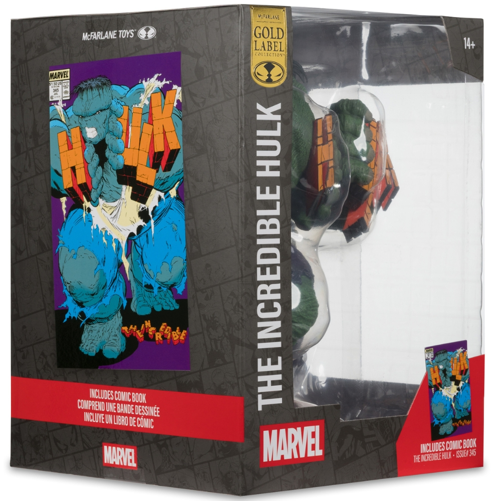 Action figure di The Incredible Hulk di McFarlane Toys in confezione chiusa con fumetto.