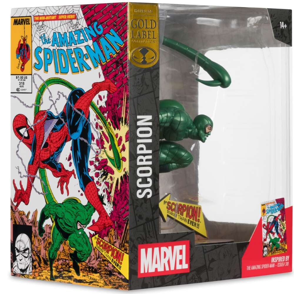 Verpackung der Marvel Scorpion Figur mit Illustration von Spider-Man im Comic-Stil.