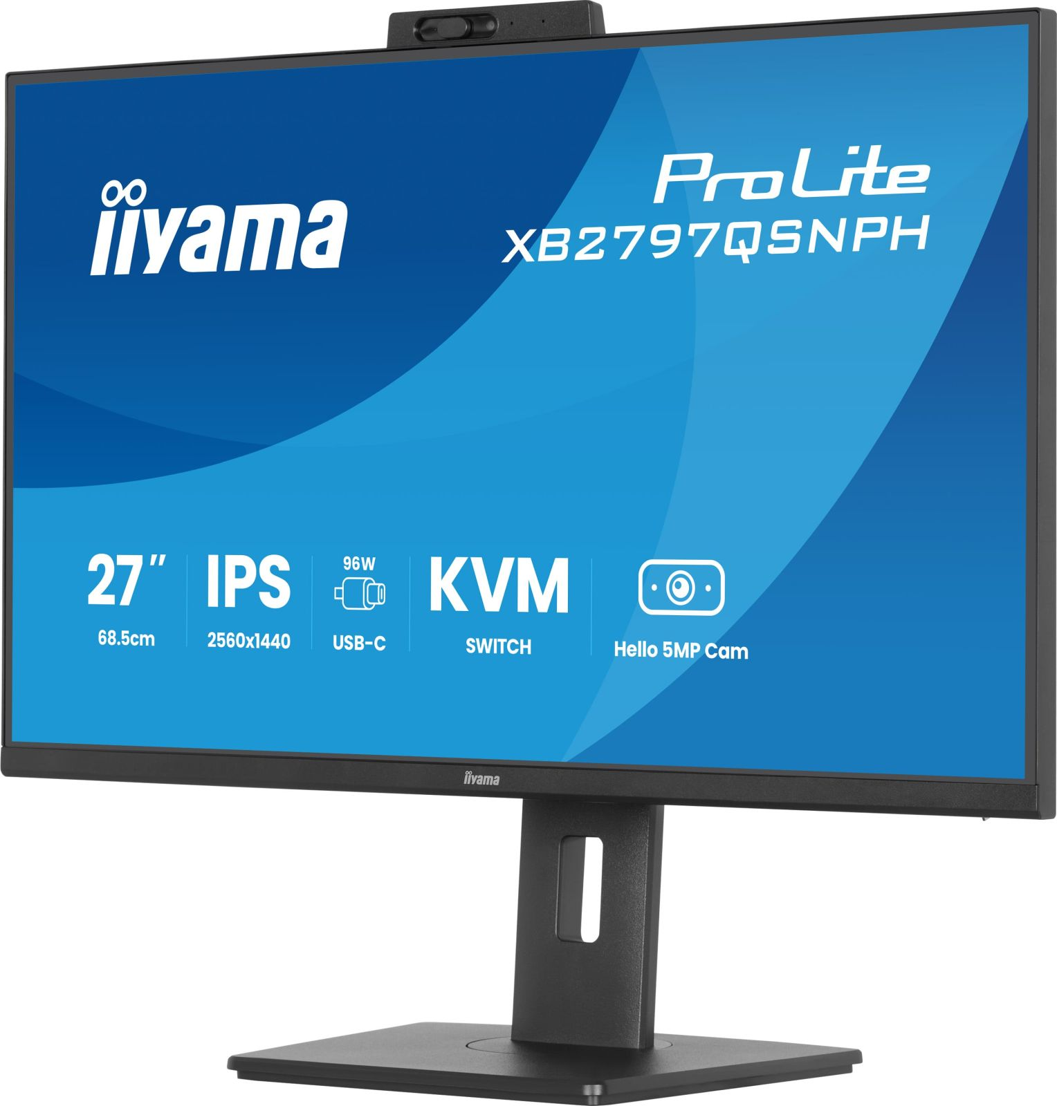 Ein iiyama ProLite 27-Zoll-IPS-Monitor mit Webcam, USB-C und KVM-Switch zeigt technische Daten auf blauem Bildschirm.