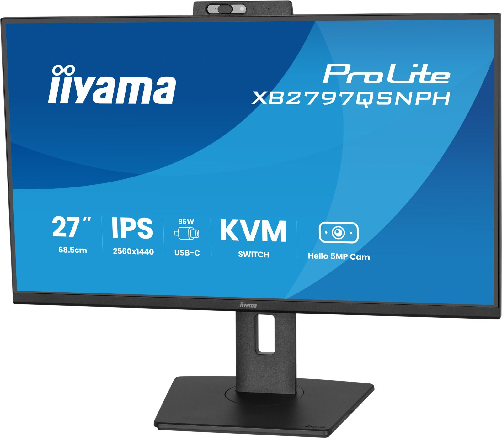 Ein 27-Zoll-Monitor von iiyama mit blauem Bildschirm, Standfuß und einer Webcam oben.
