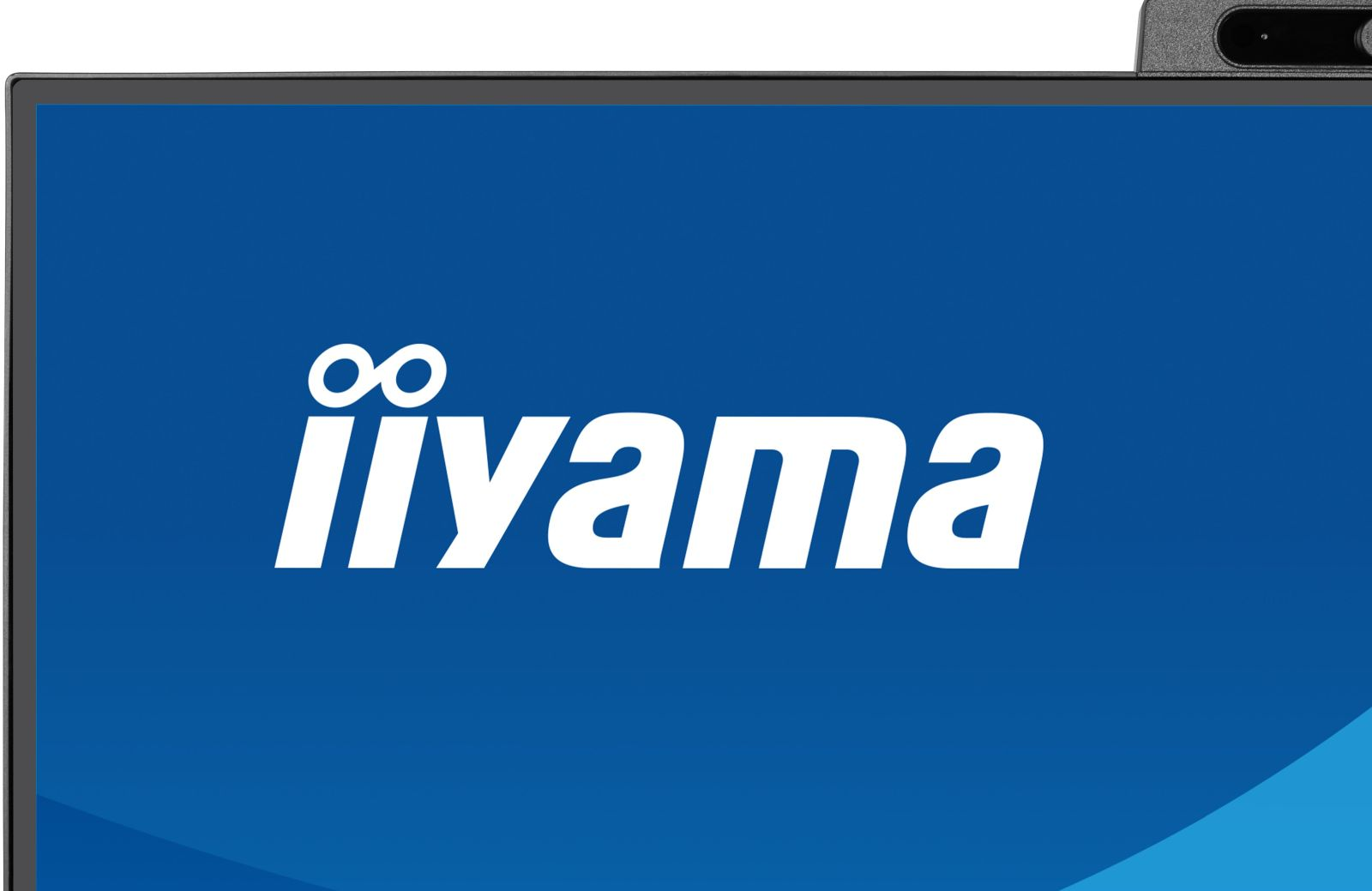 Die obere Hälfte eines schwarzen Monitors zeigt das weiße Iiyama-Logo vor einem blauen Hintergrund mit Webcam.