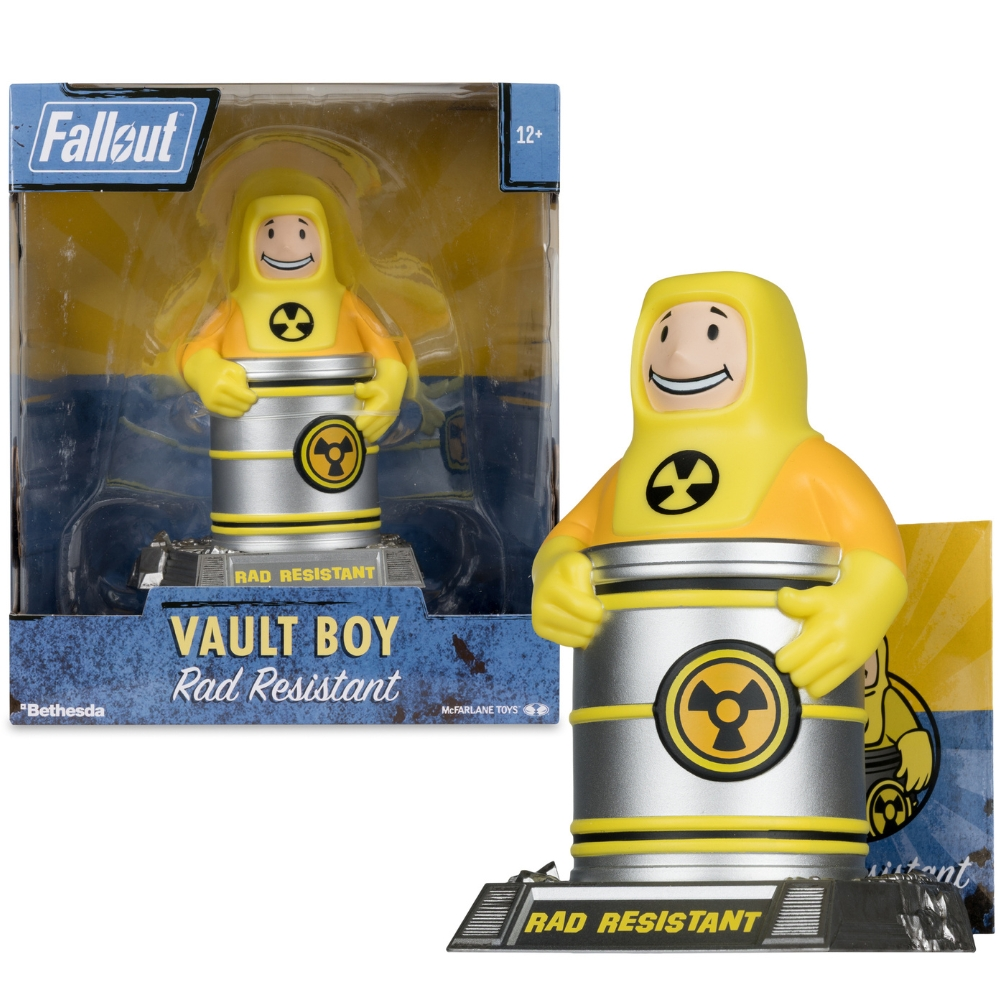 Fallout Vault Boy Rad Resistant Figur in und neben der Verpackung.