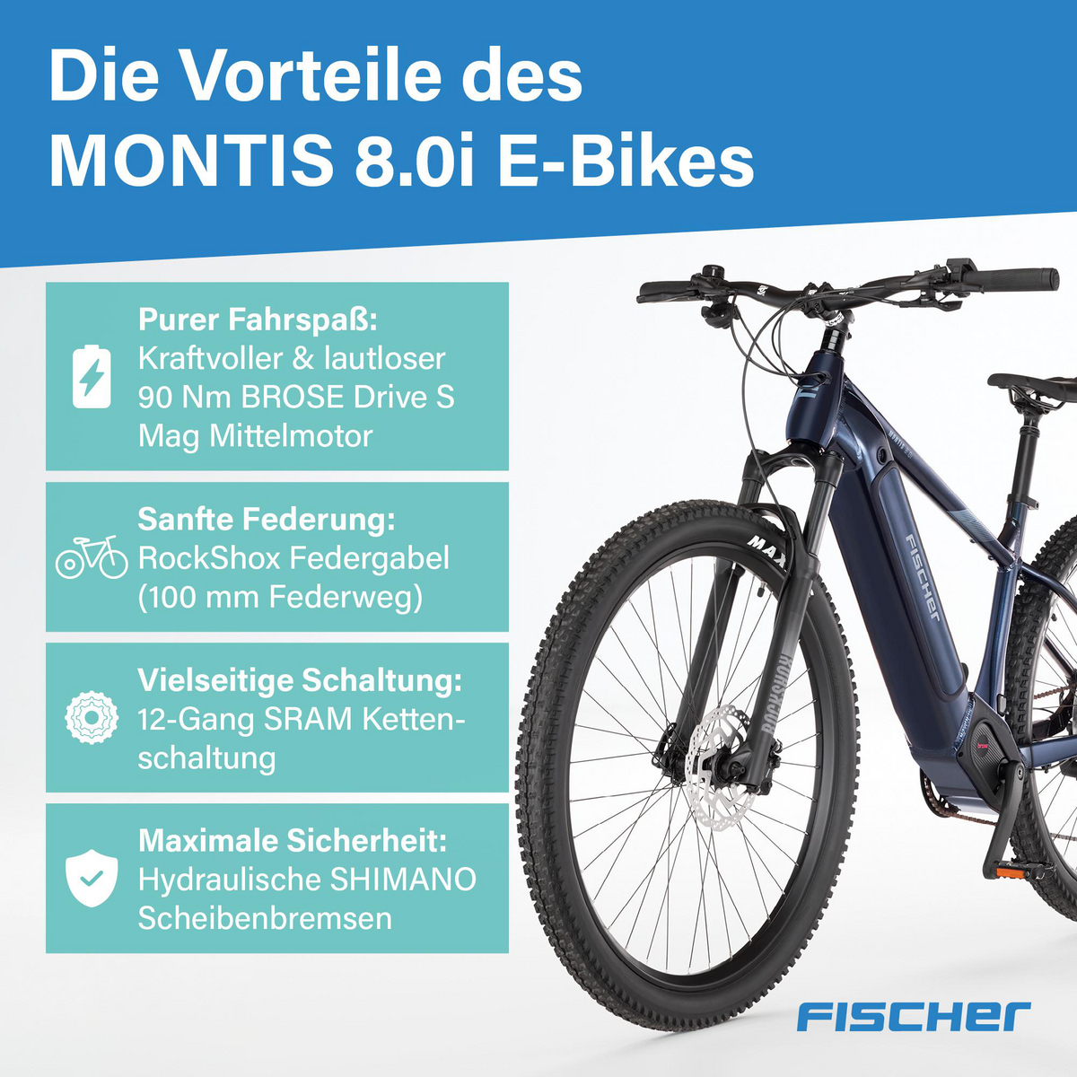 FISCHER MONTIS 8.0i E-Bike mit Brose Motor, RockShox Gabel, SRAM Schaltung und Shimano Bremsen auf weißem Hintergrund.