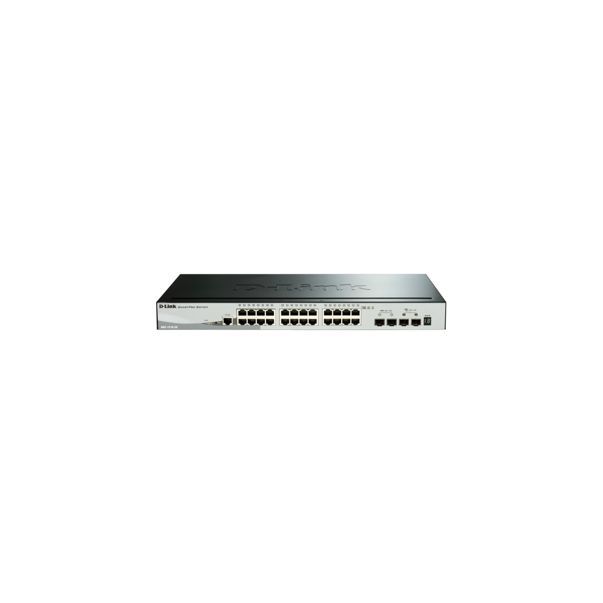 Ein D-Link SmartPro Switch in schwarz und silber mit mehreren Ethernet-Ports auf einer weißen Oberfläche.