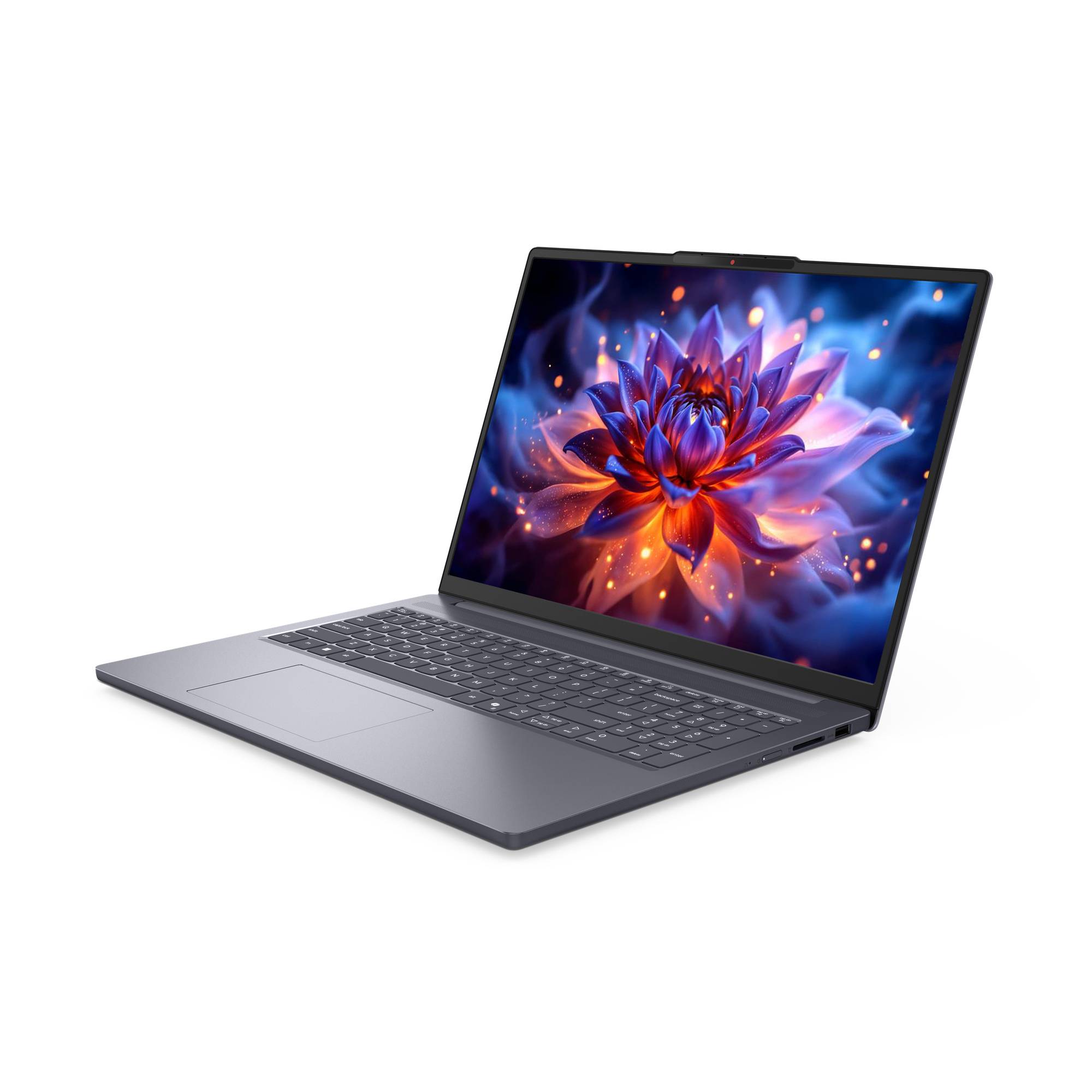 Szary laptop na białym tle wyświetla na ekranie niebiesko-pomarańczowy abstrakcyjny kwiat.