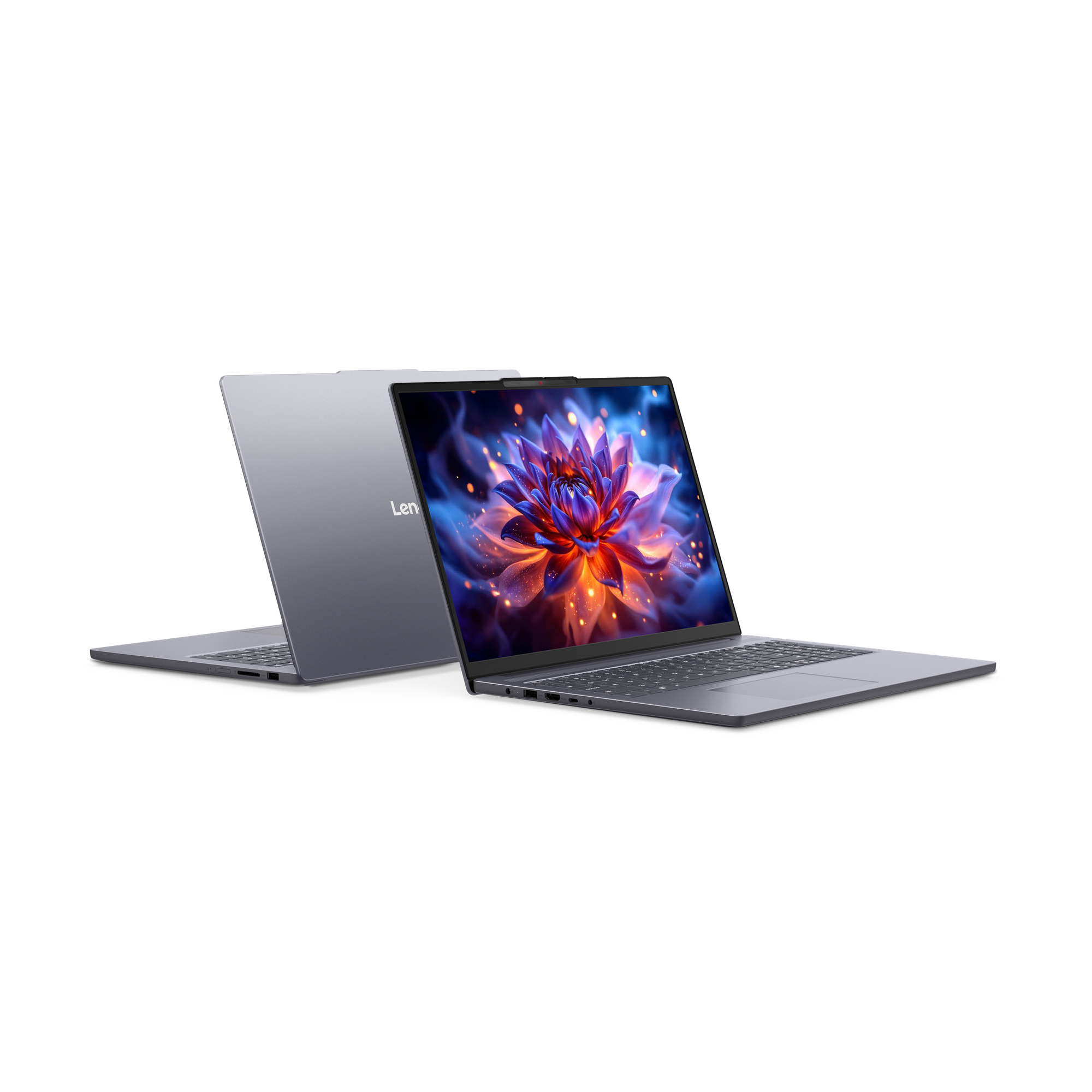 Dwa szare laptopy Lenovo na białym tle, jeden otwarty z kolorową tapetą kwiatową, drugi zamknięty.