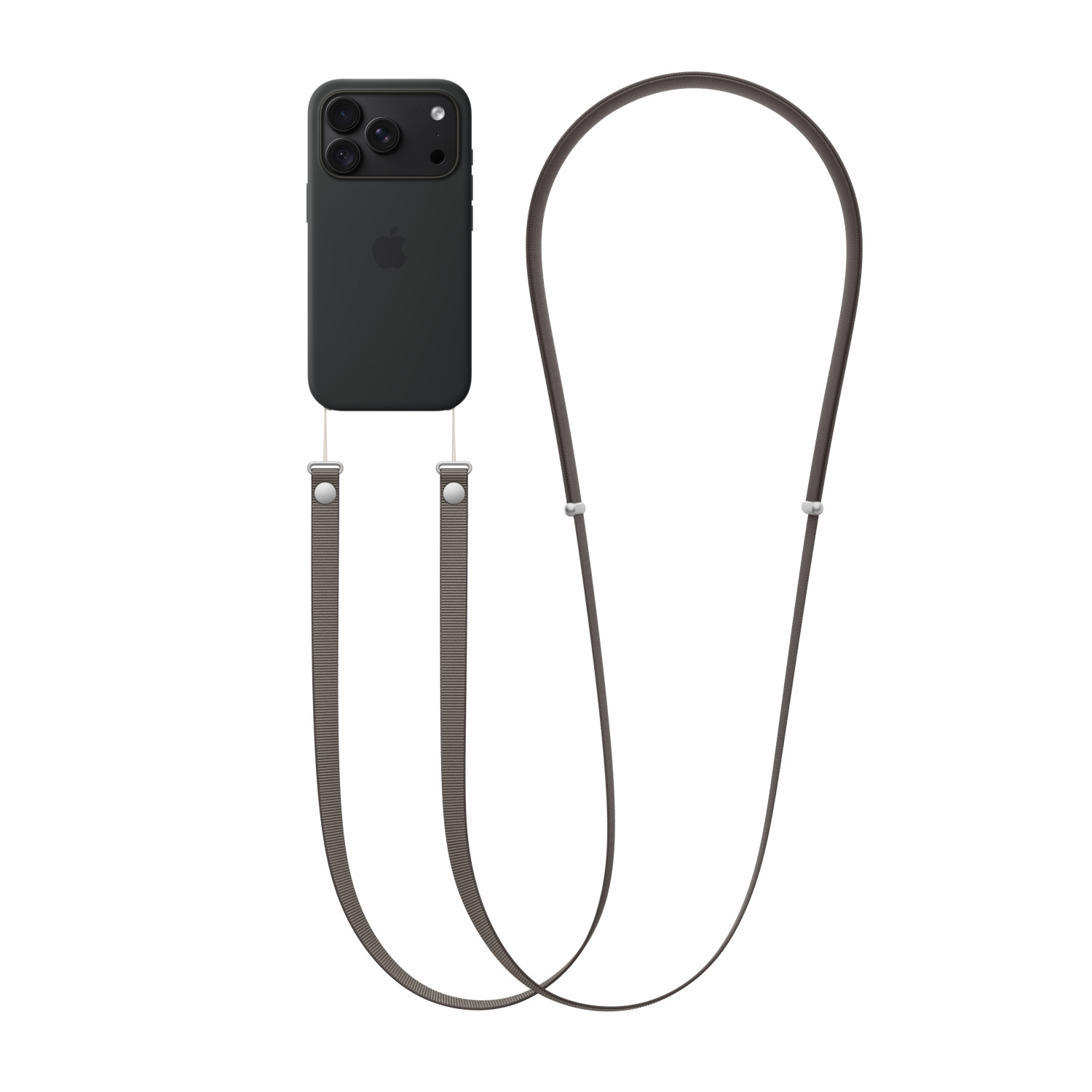 Un smartphone negro en una funda con una correa gris larga para colgar, sobre fondo blanco.