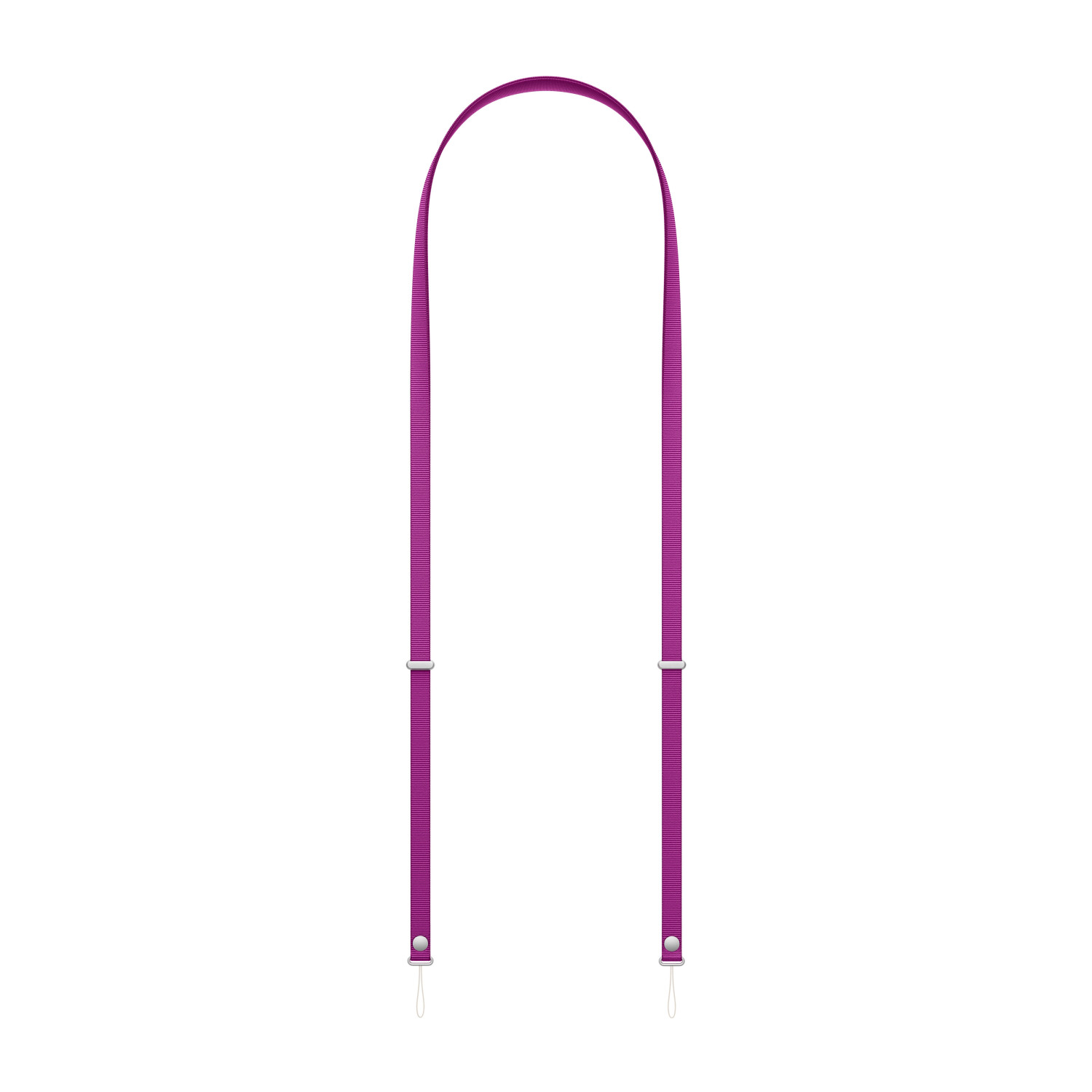 Cordn morado con partes de metal plateado y bucles pequeos sobre fondo blanco.