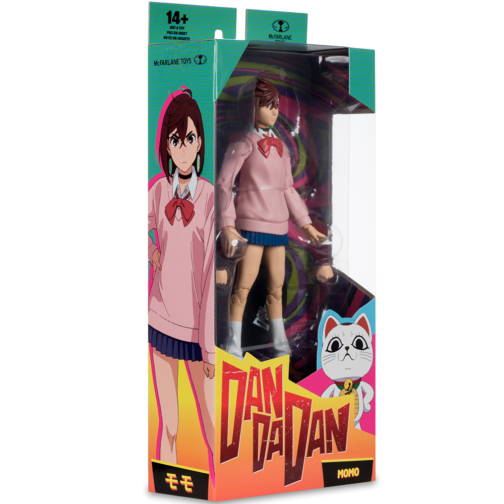Dandadan Momo Actionfigur in ihrer bunten grün-pinken Verpackungsbox mit Charaktergrafik.