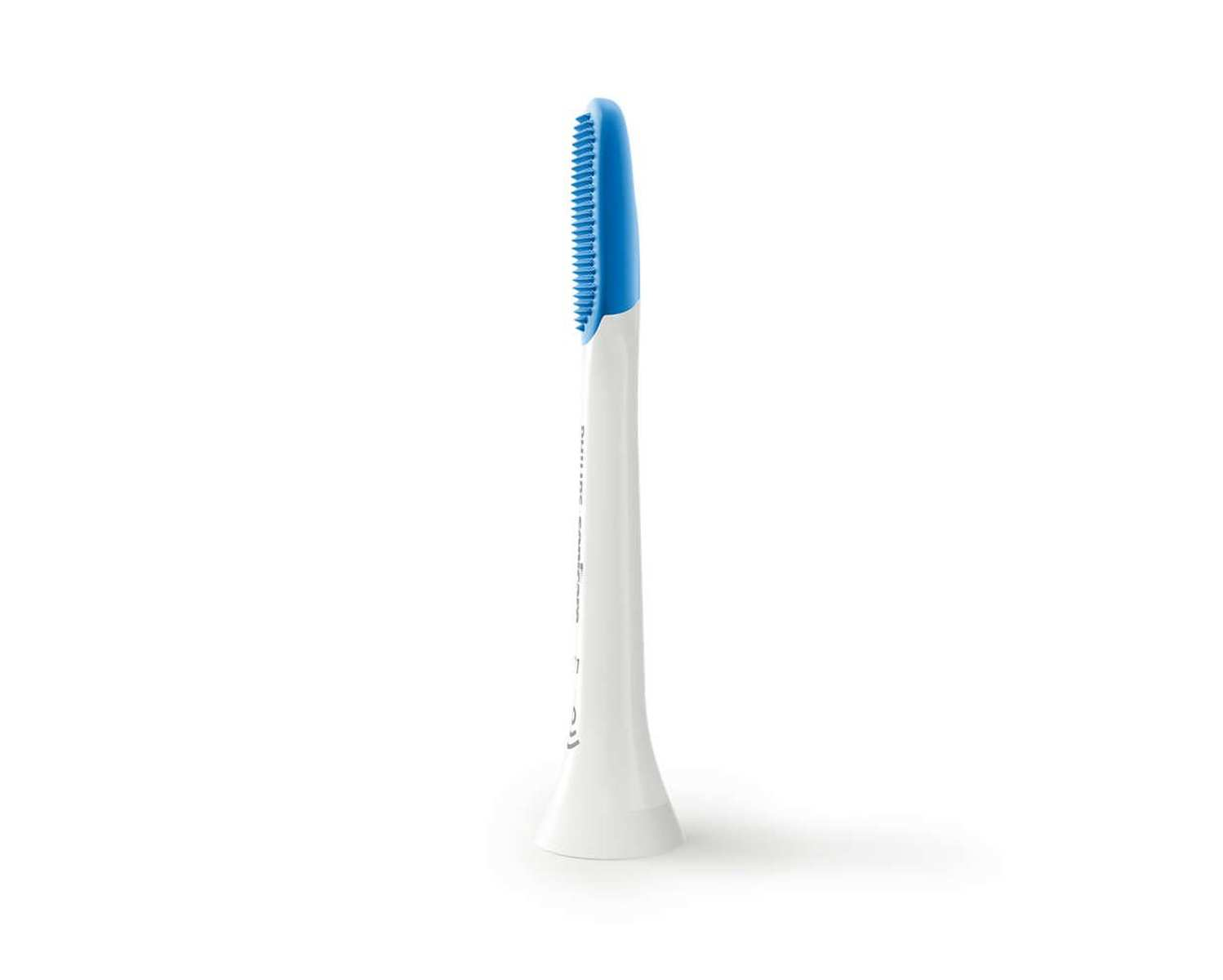 Una testina di ricambio per spazzolino elettrico bianca con setole in silicone blu su sfondo bianco.