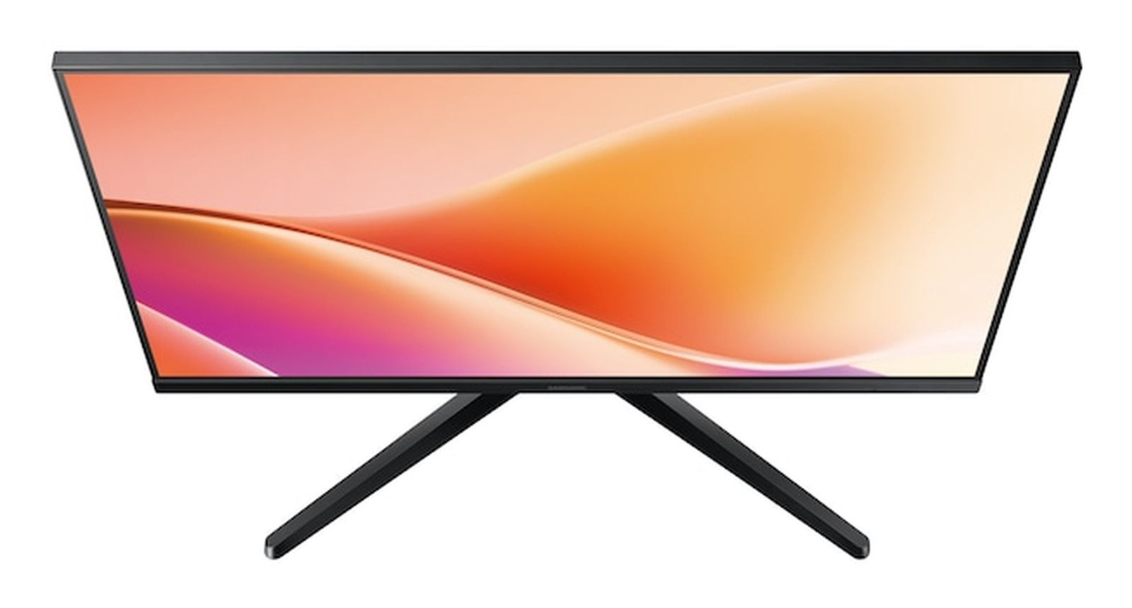 Ein schwarzer Monitor mit einem abstrakten, orange-rosa Hintergrund auf dem Bildschirm und einem V-förmigen Standfuß.