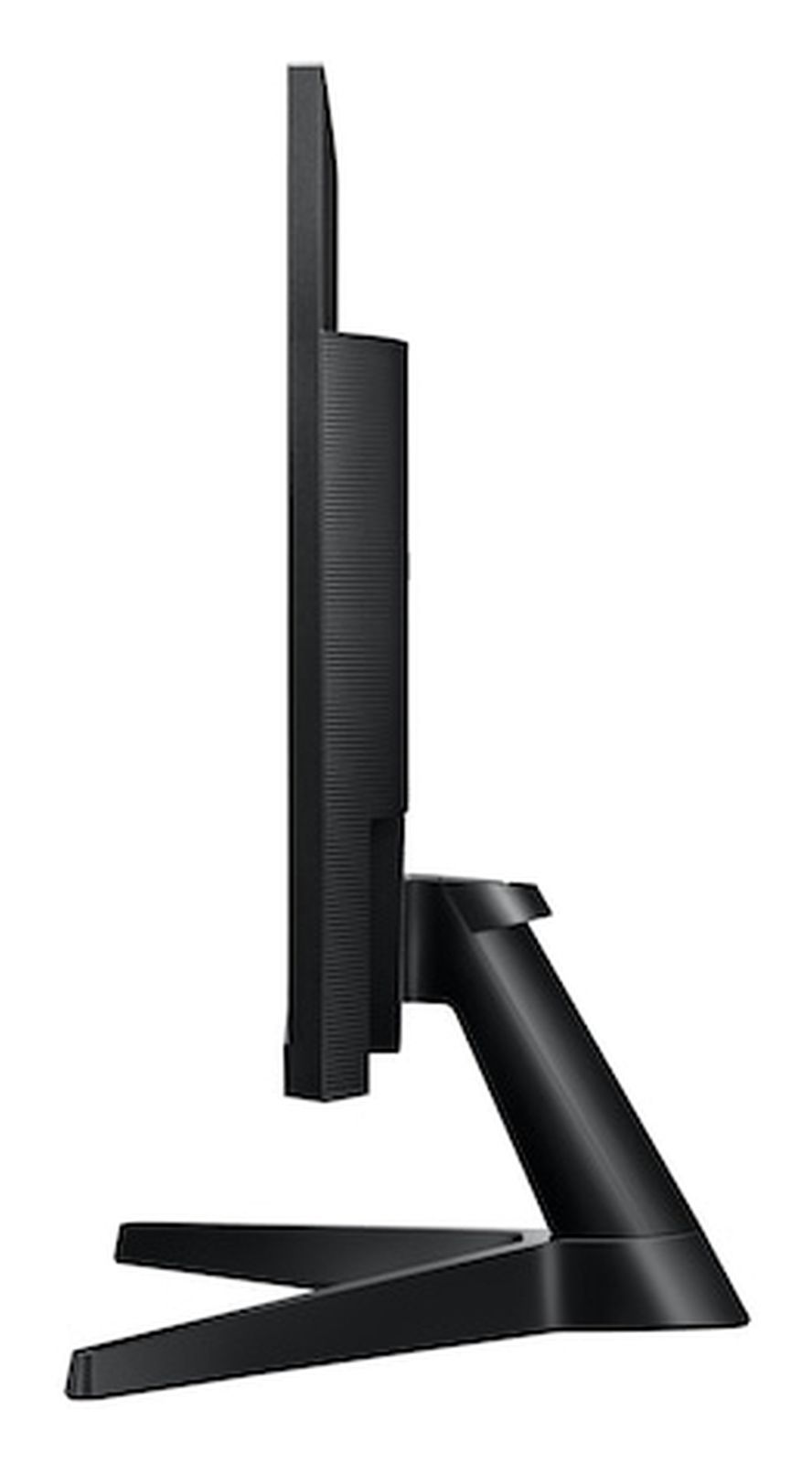 Seitenansicht eines modernen schwarzen Computerbildschirms mit einem stabilen V-förmigen Standfuß.