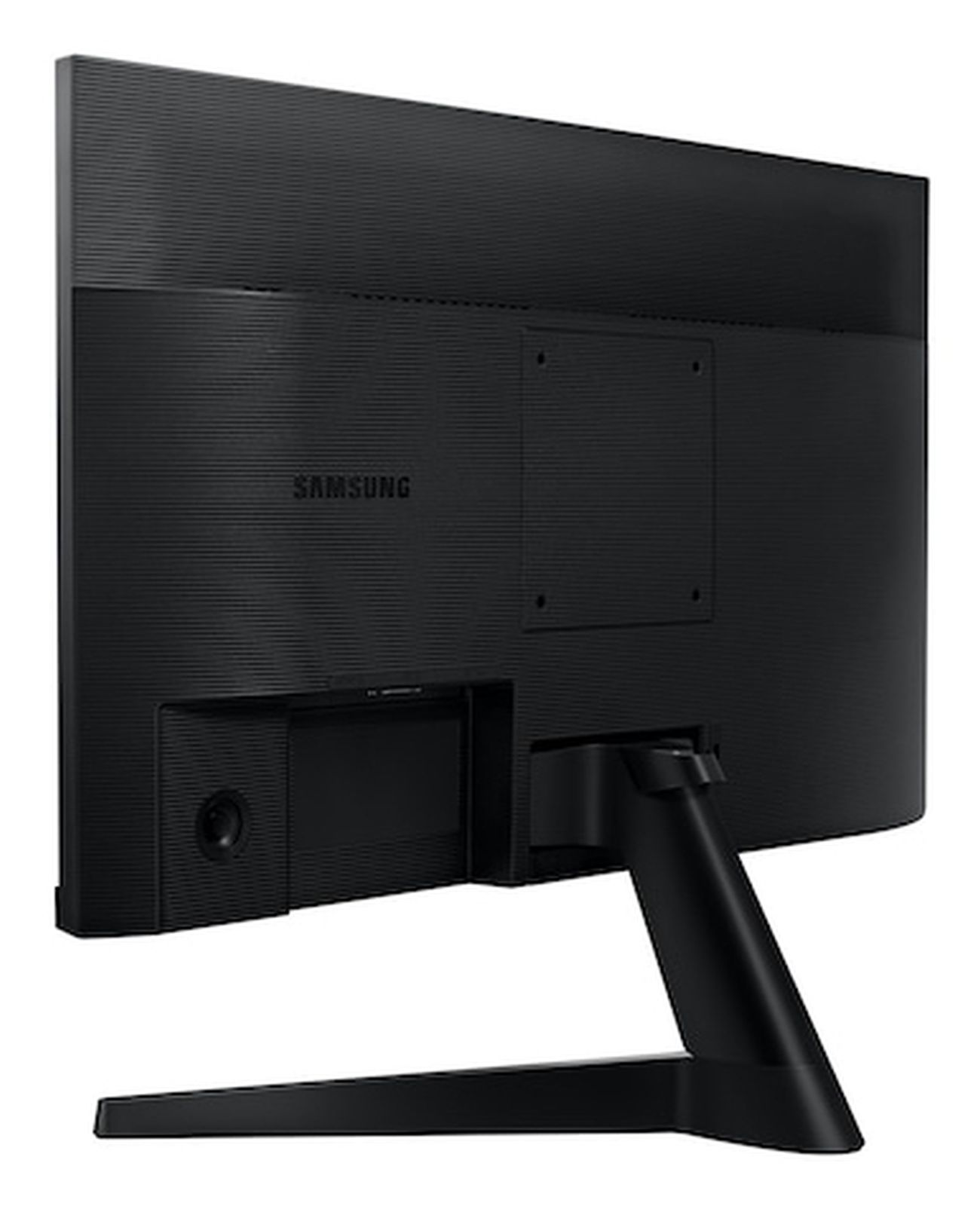 Die Rückseite eines schwarzen Samsung-Monitors mit Standfuß, VESA-Halterung und Anschlüssen.