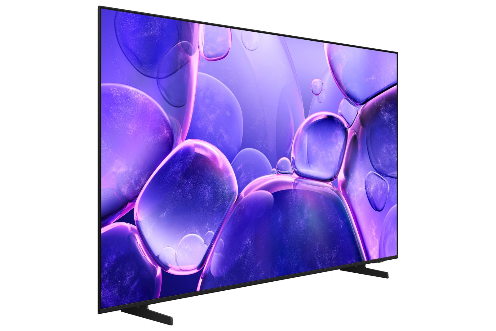 Un televisor de pantalla plana con marco delgado muestra un patrón abstracto de burbujas moradas.