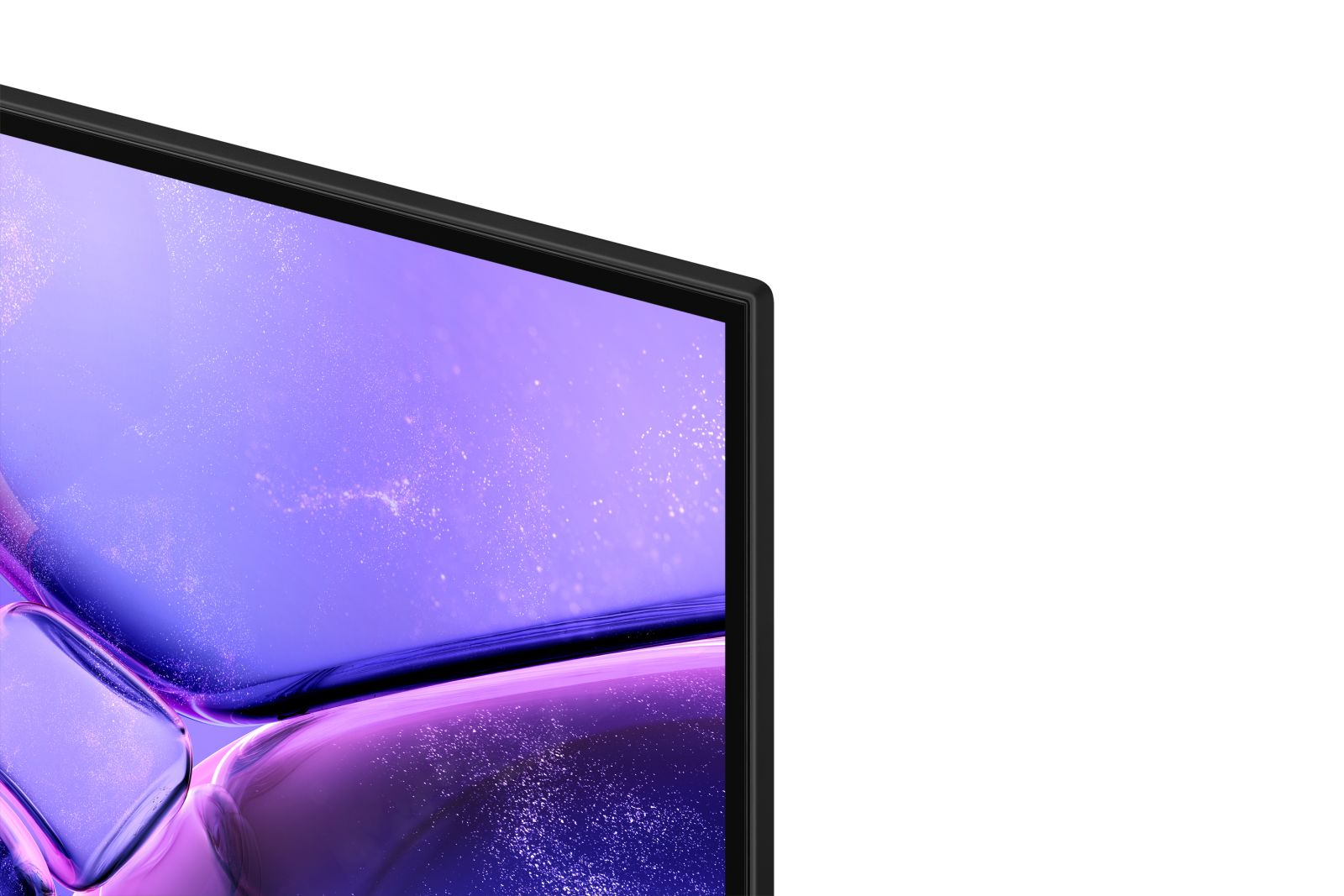 Primer plano de la esquina superior derecha de una pantalla de televisión con un fondo abstracto morado.