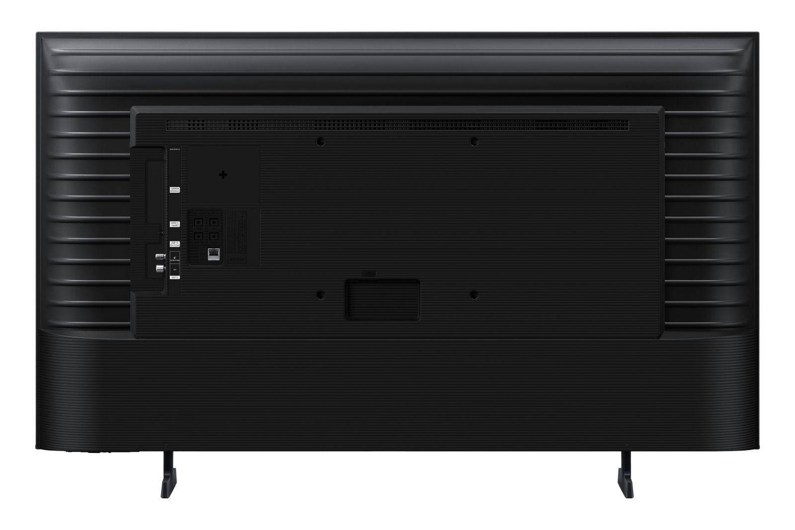 Vista trasera de un televisor plano moderno negro con paneles de conexión y soportes.