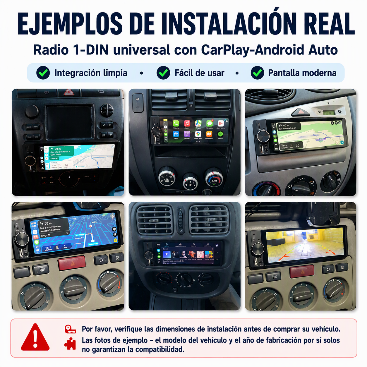 Seis imágenes de autoradios universales de 1-DIN con CarPlay y Android Auto instalados en varios vehículos.