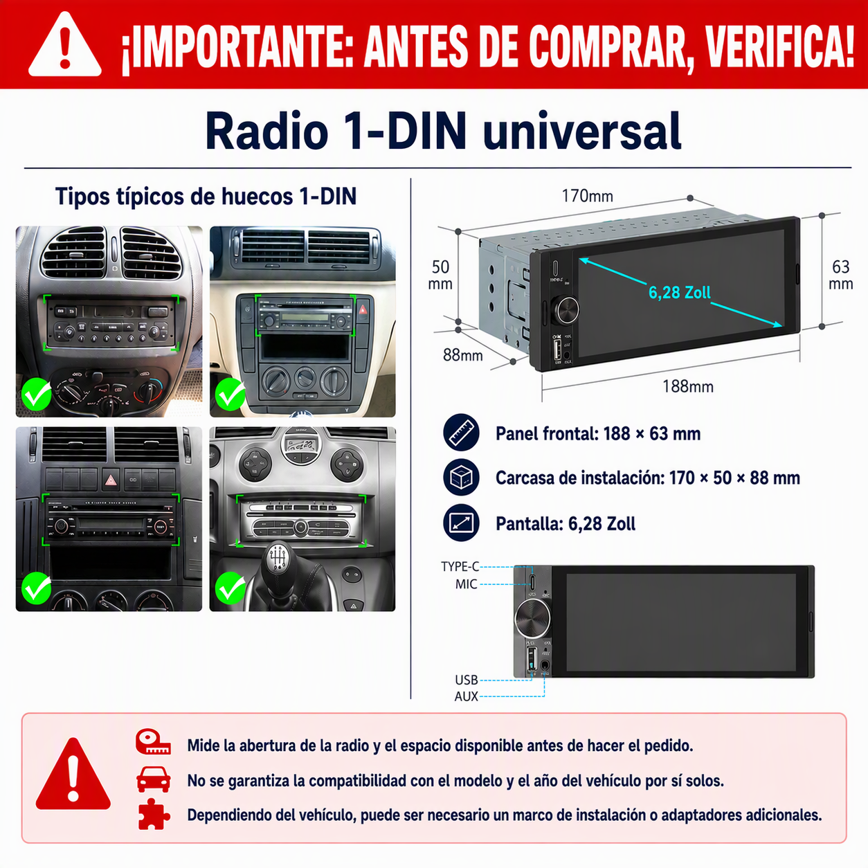Radio 1-DIN universal con dimensiones, varios salpicaderos y detalles de puertos.