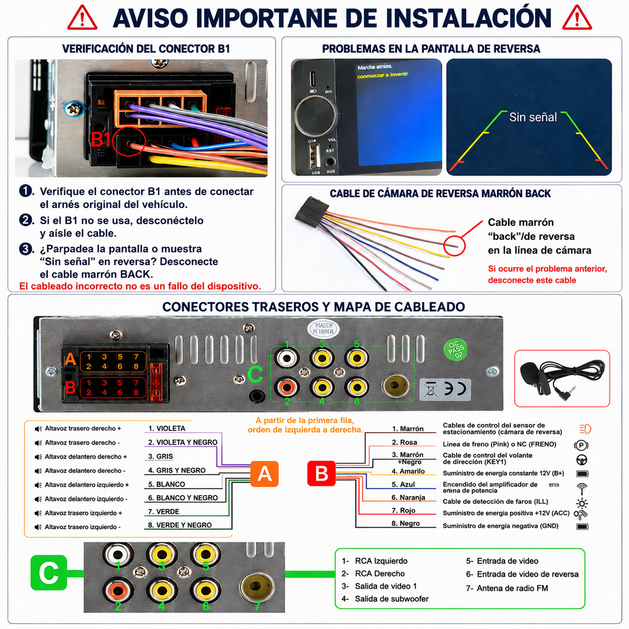 Guía técnica que muestra diagramas de cableado de autoradio, pines de conectores e instrucciones.