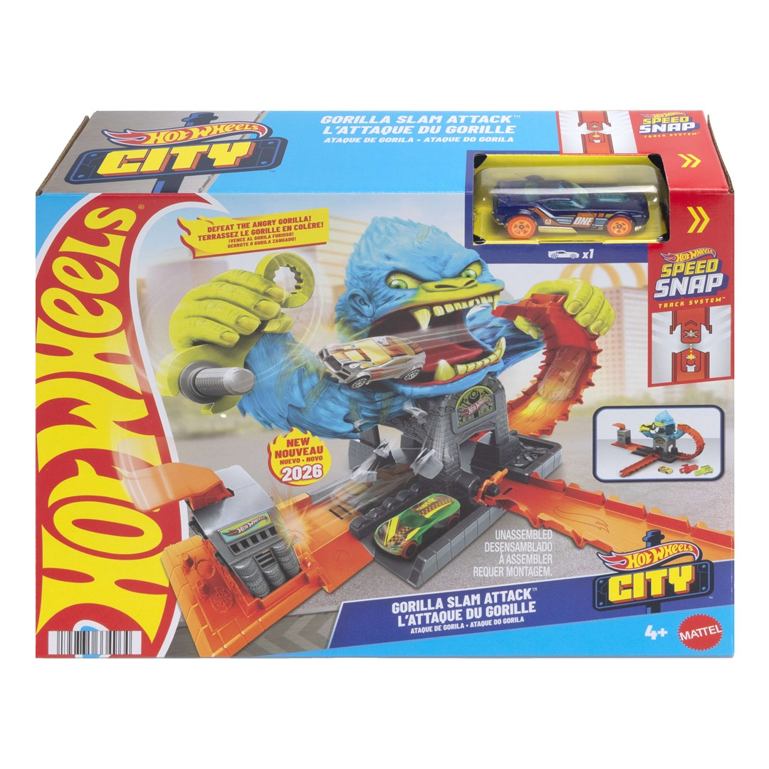 Caja del set Hot Wheels City Gorilla Slam Attack con un gorila azul, pistas naranjas y un coche.