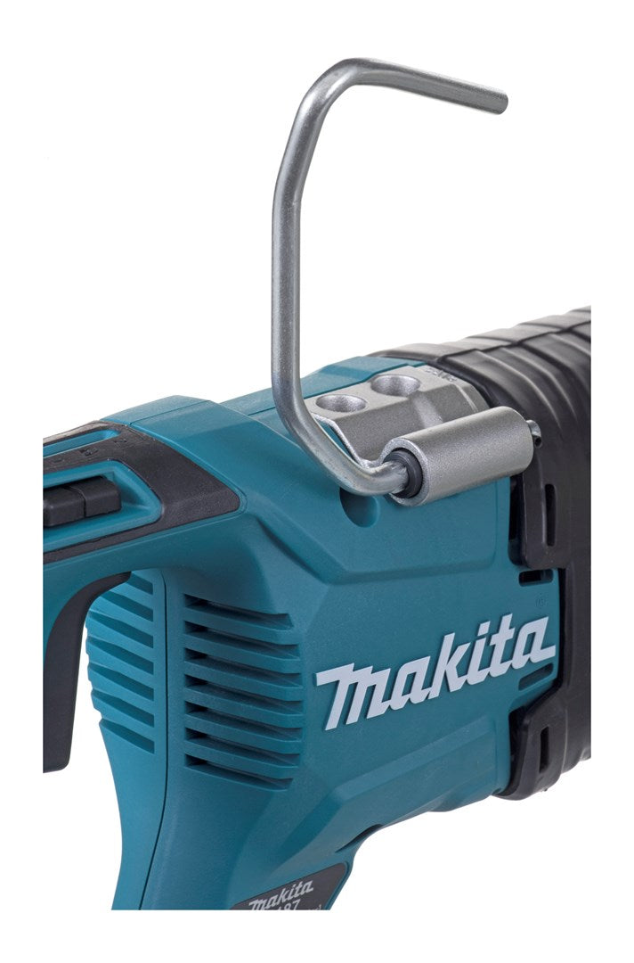 Una herramienta eléctrica Makita turquesa con un gancho plateado en la parte superior, sobre fondo blanco.