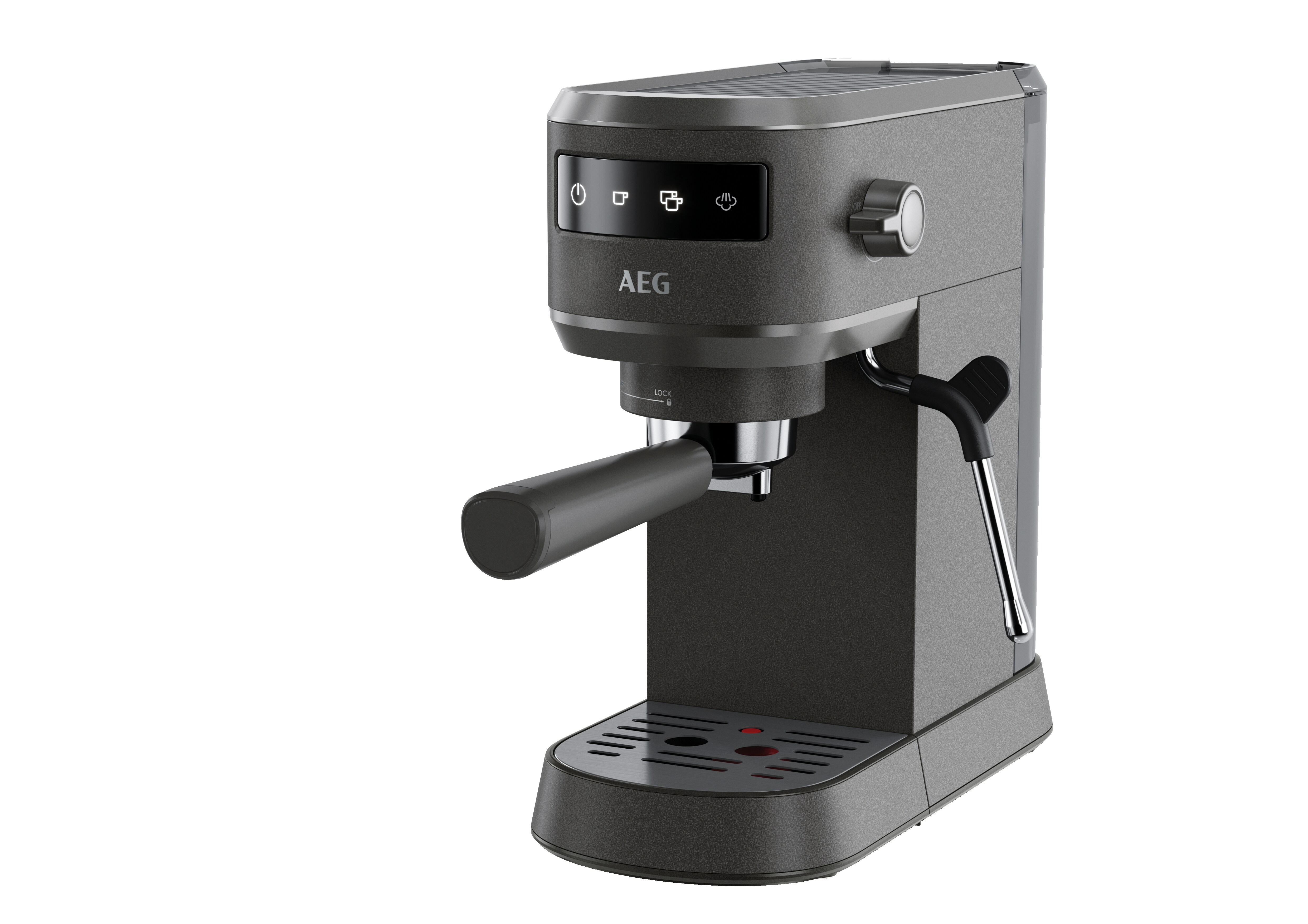 Moderne graue AEG-Espressomaschine mit Griff, Dampfdüse und LED-Bedienfeld auf weißem Grund.