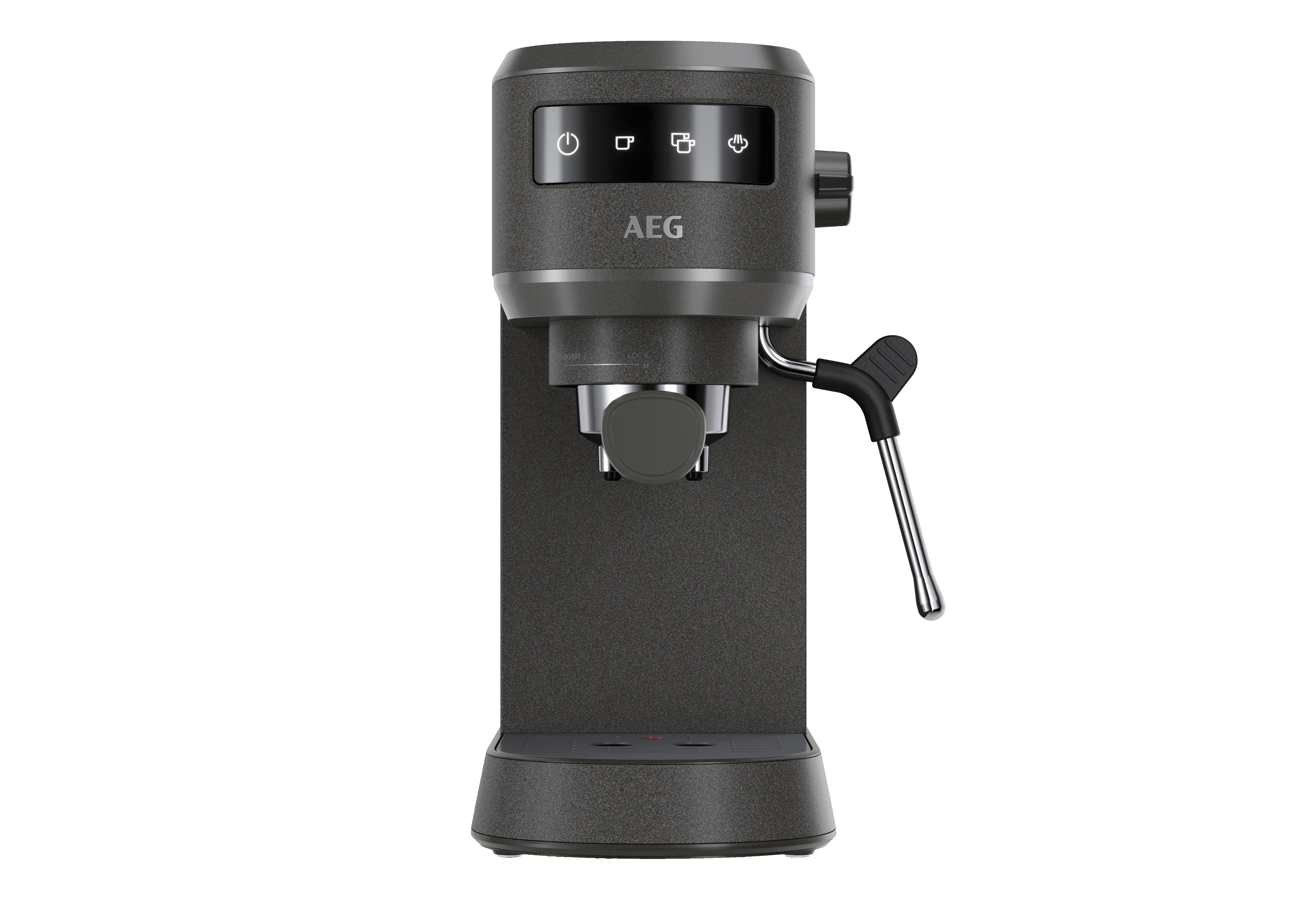 Eine graue AEG Espressomaschine mit Dampfdüse und LED-Bedienfeld auf weißem Hintergrund.