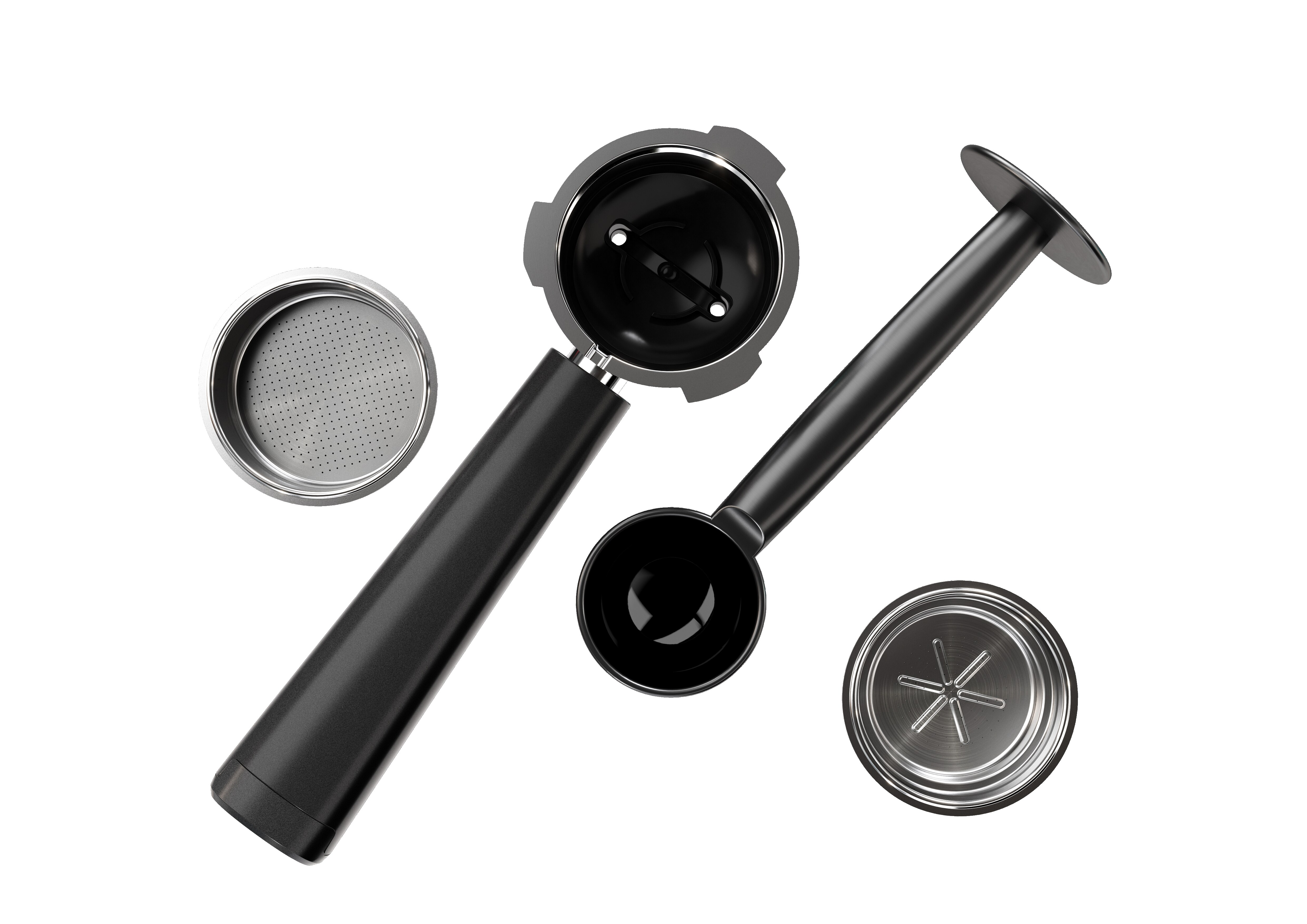 Ein Siebträger, zwei Kaffeefilter, ein Tamper und ein Kaffeelöffel vor weißem Hintergrund.