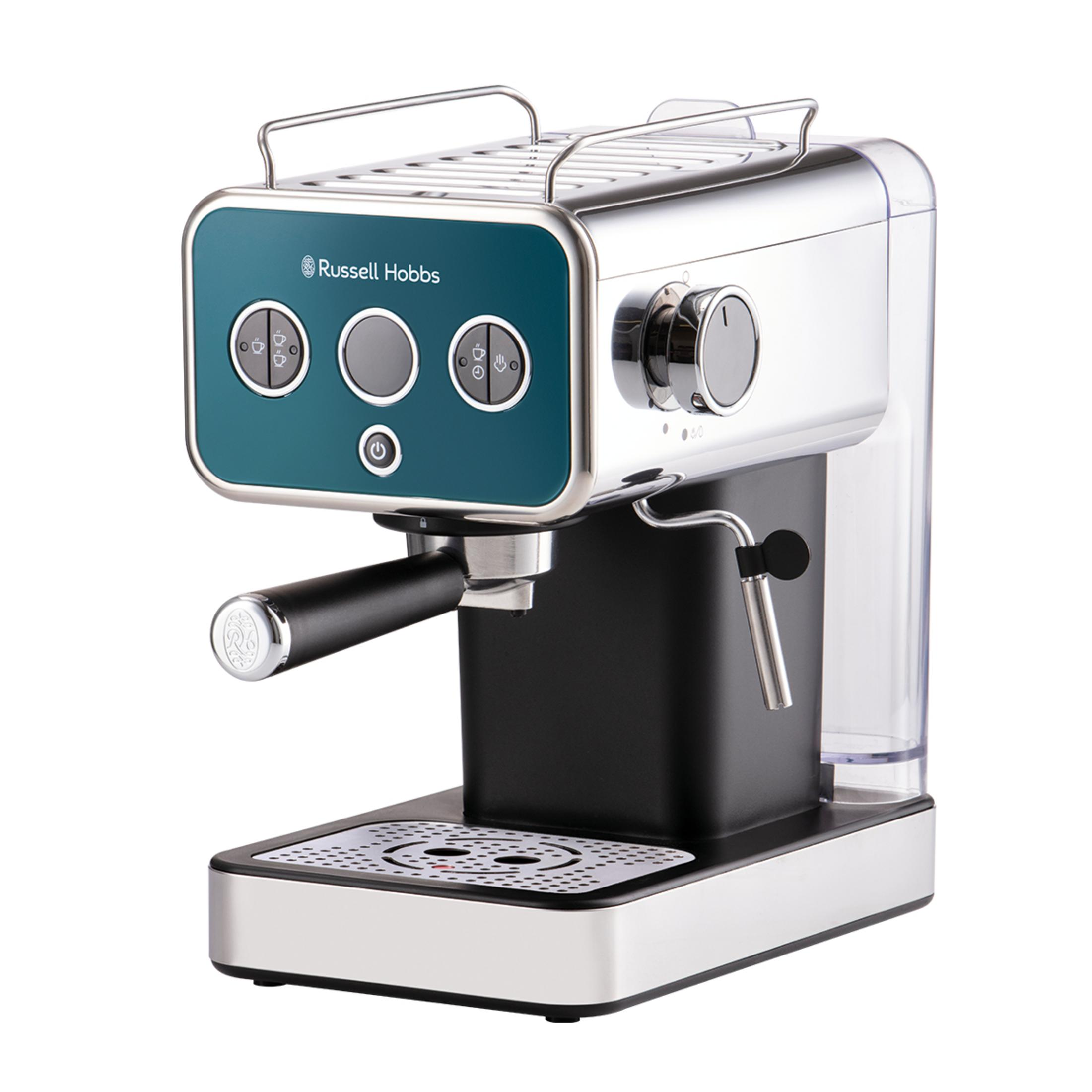 Eine silber-schwarze Russell Hobbs Espressomaschine mit türkiser Front und Dampfdüse vor weißem Hintergrund.