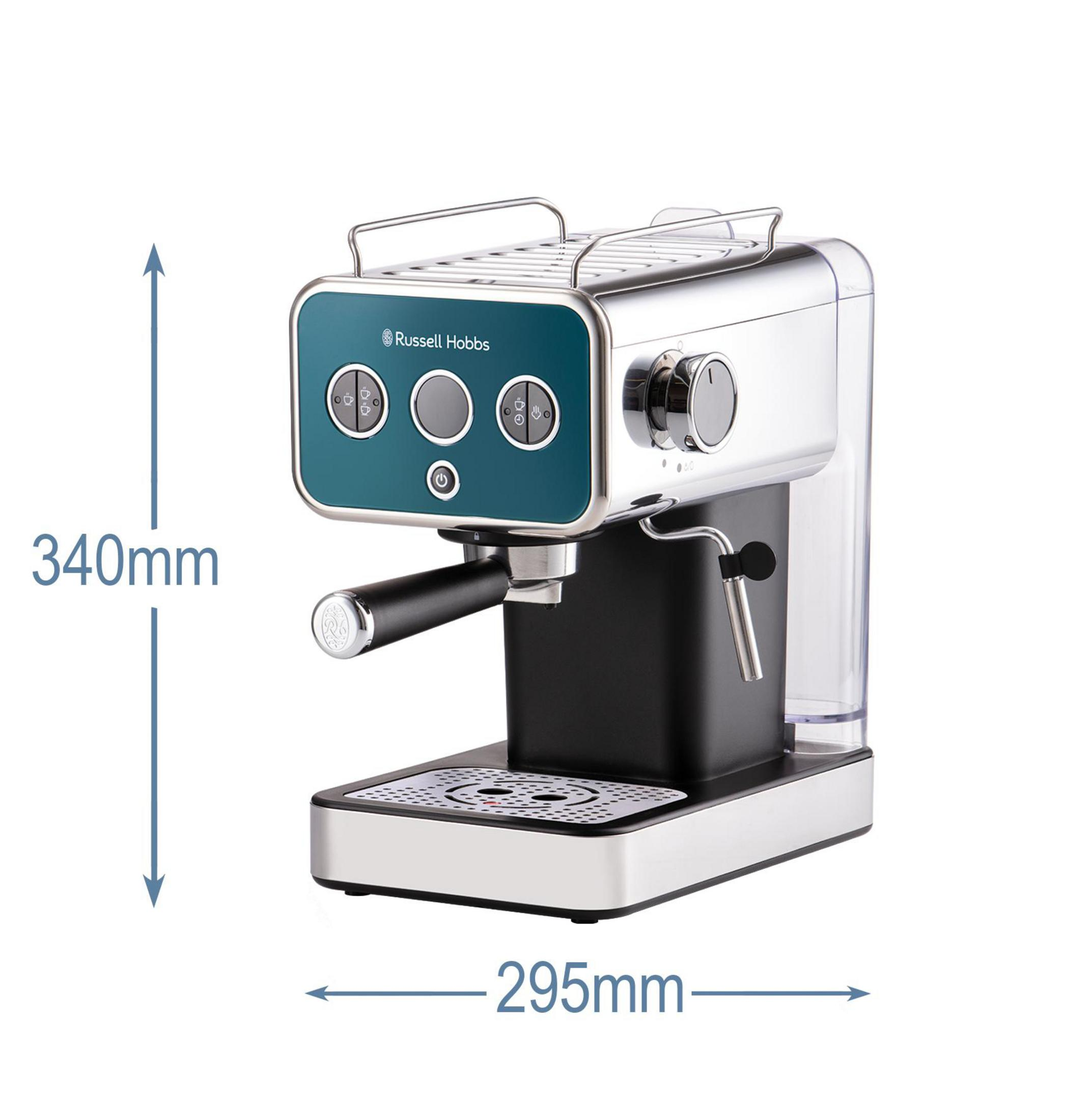 Eine blau-silberne Russell Hobbs Espressomaschine mit Abmessungen von 340mm Höhe und 295mm Breite.
