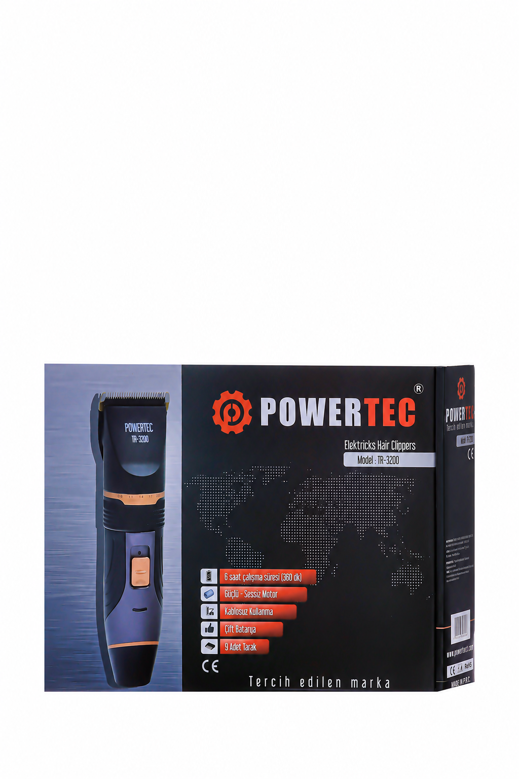 Dünya haritası grafikli siyah Powertec elektrikli saç kesme makinesi kutusu.