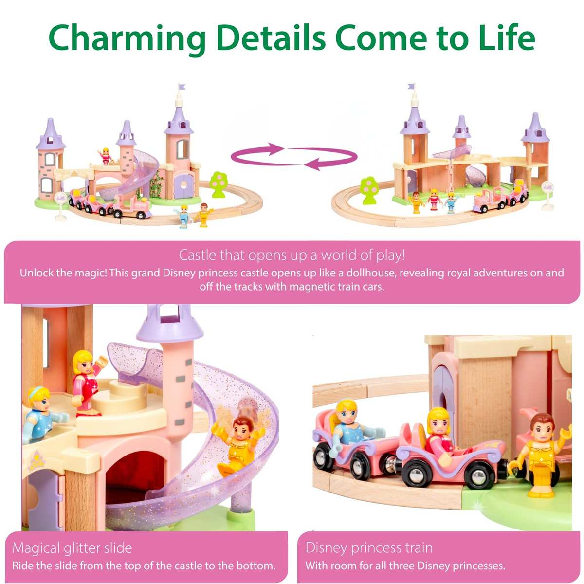 Castillo de madera de princesas Disney con tren, figuras y tobogán.