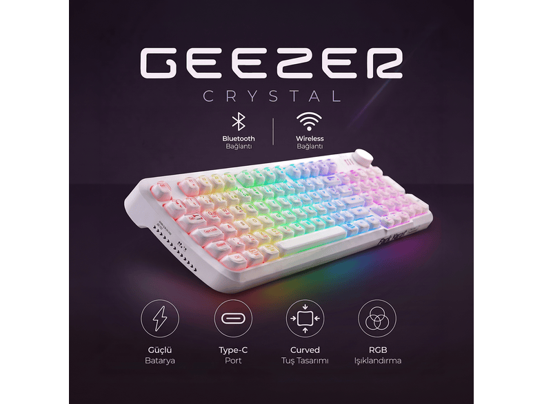 GEEZER SK-710CTM Crystal BT Türkçe Q Kablolu/Kablosuz Oyuncu Klavyesi Beyaz
