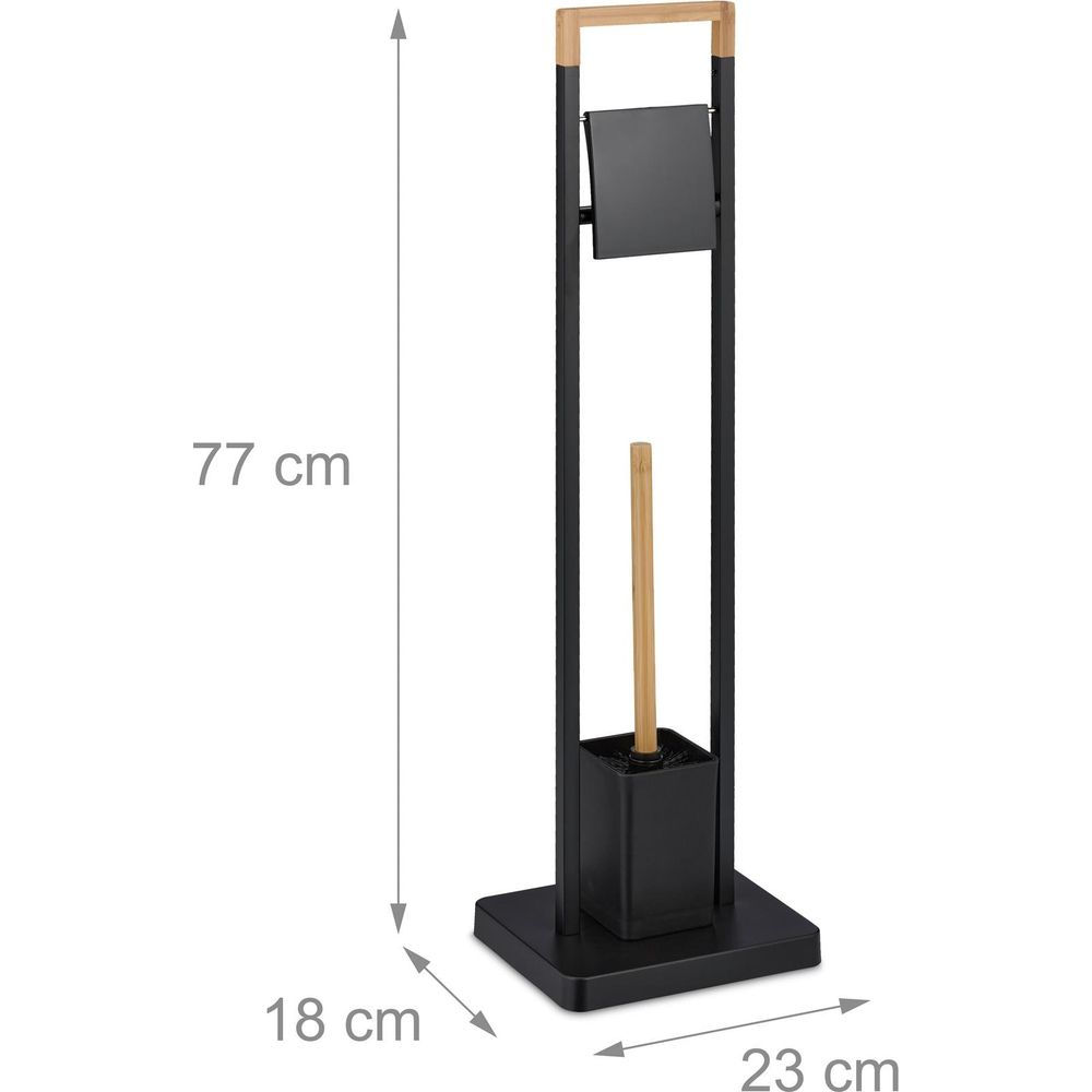 Schwarzer Toilettenpapierhalter mit Toilettenbürste aus Bambus, Höhe 77cm, Breite 23cm, Tiefe 18cm.