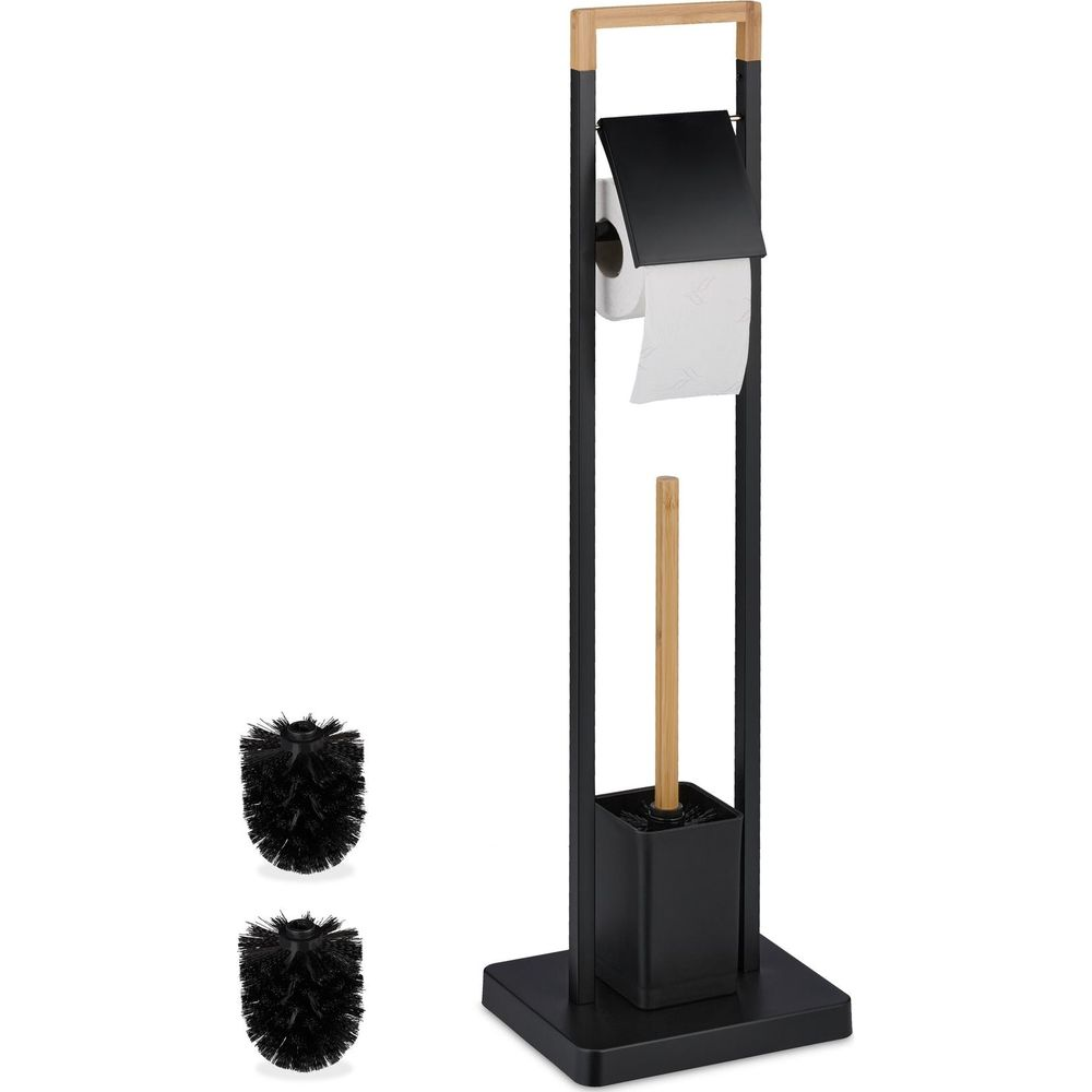 Ein schwarzer Toilettenpapierhalter mit Holzgriff, Toilettenbürste und zwei Ersatzbürsten.