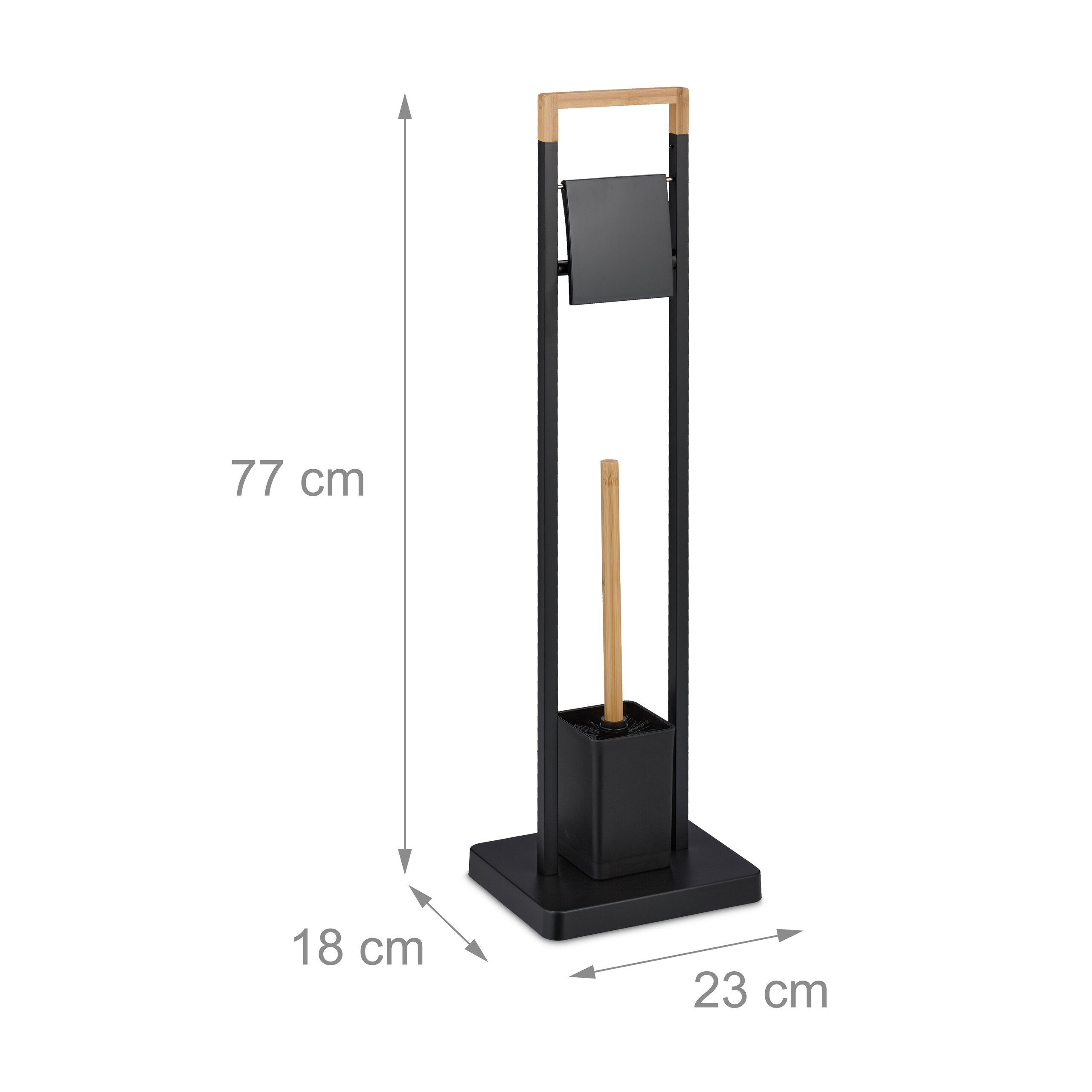 Ein schwarzer Toilettenpapierhalter aus Metall mit Bambusgriff und Bürste, 77 cm hoch, 23 cm breit und 18 cm tief.