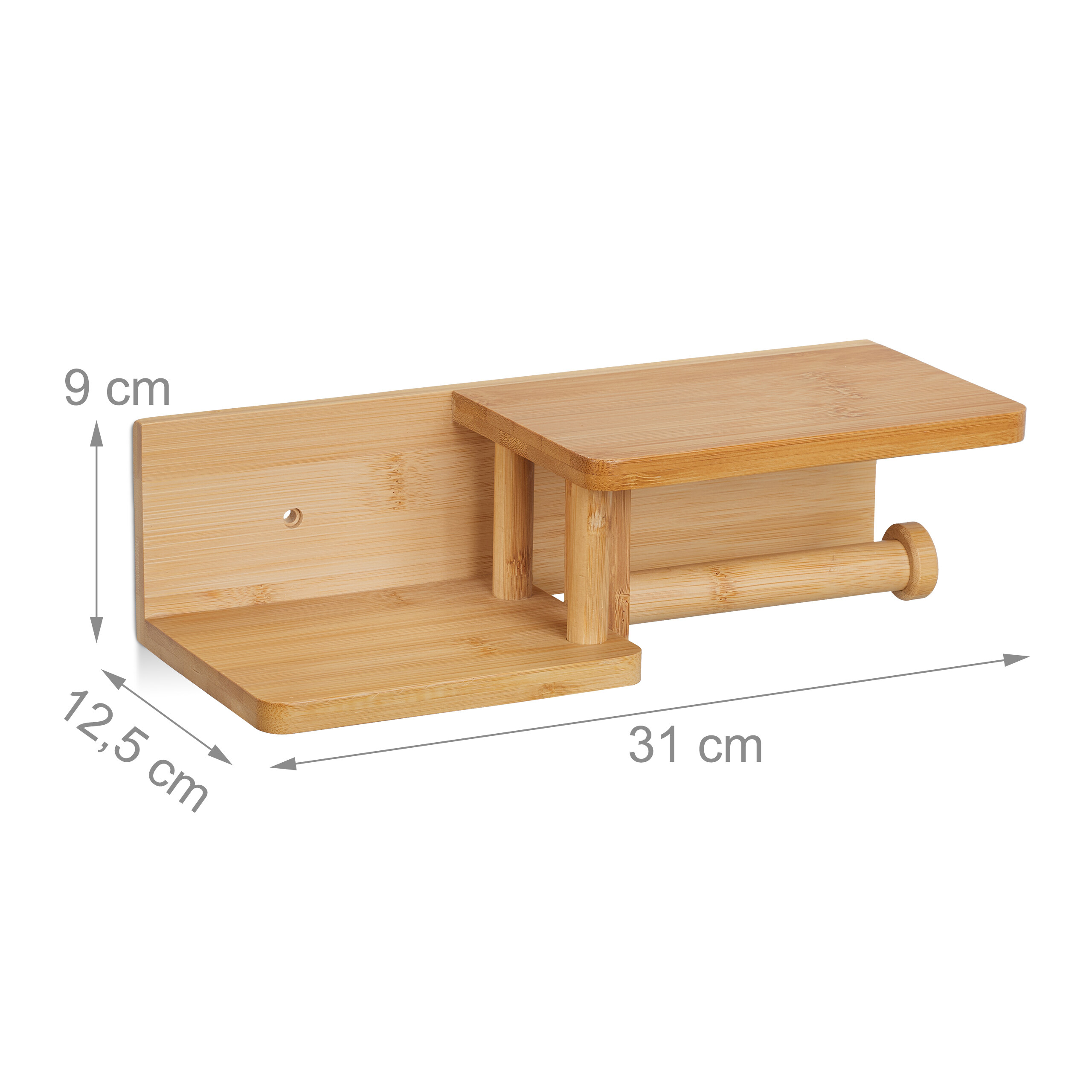 Bambus-Toilettenpapierhalter mit Ablage, 31 cm breit, 9 cm hoch und 12,5 cm tief mit Bemaßungspfeilen.